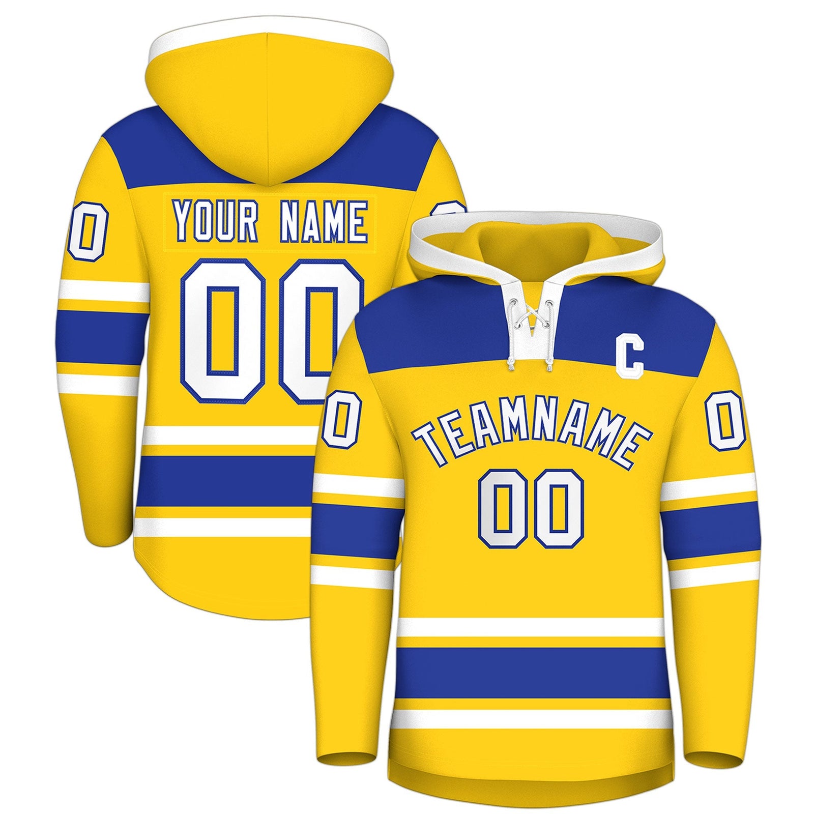 Custom Hockey Hoodie Jersey Gold Royal Blue Raglan Sleeves Lace-Up Neck Personalized Jersey for Men & Youth