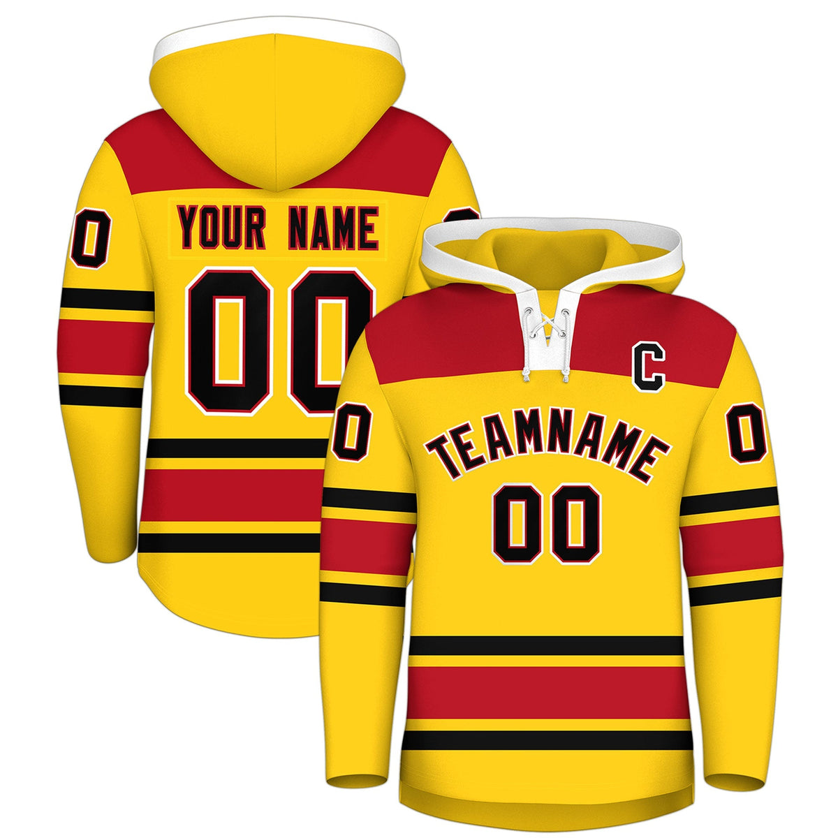Custom Hockey Hoodie Jersey Gold Red Raglan Sleeves Lace-Up Neck Personal Name &amp; Number &amp; Logo
