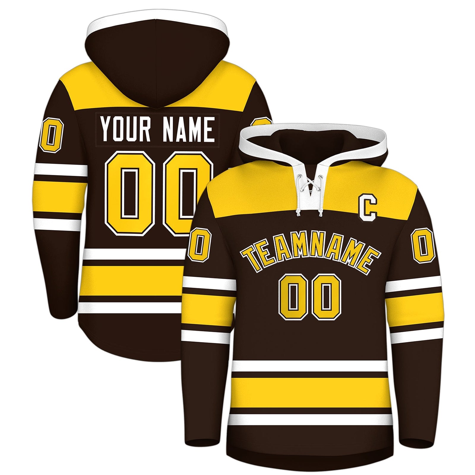 Custom Hockey Hoodie Jersey Brown Gold Raglan Sleeves Lace-Up Neck Personalized Jersey for Men & Youth