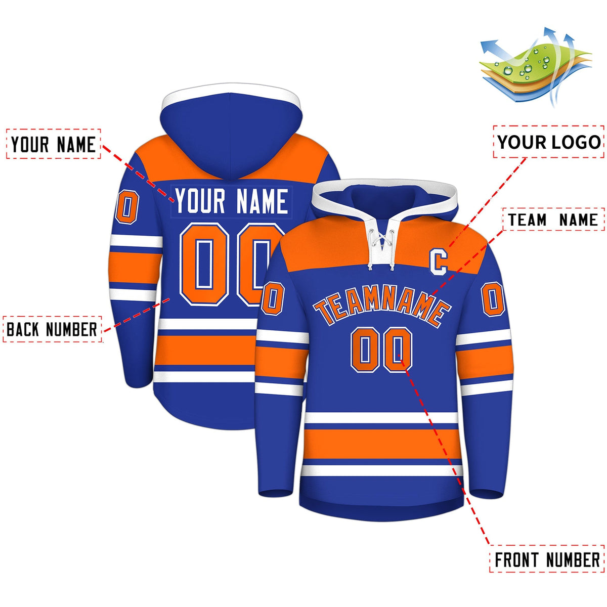 Custom Hockey Hoodie Jersey Royal Blue Orange Raglan Sleeves Lace-Up Neck Personal Name &amp; Number &amp; Logo