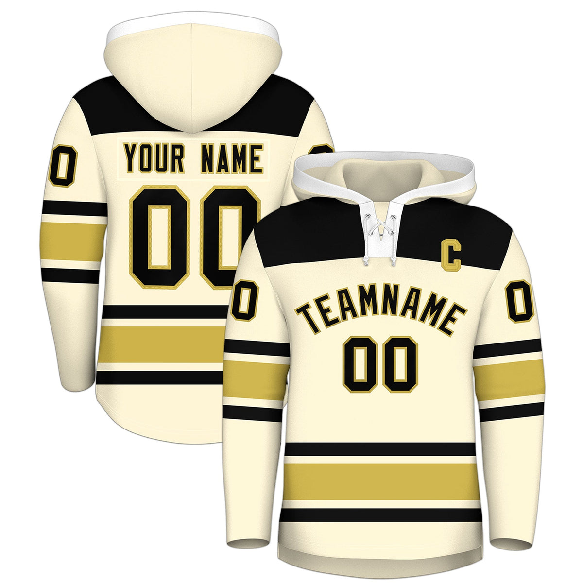 Custom Hockey Hoodie Jersey Cream Old Gold Raglan Sleeves Lace-Up Neck Personal Name &amp; Number &amp; Logo