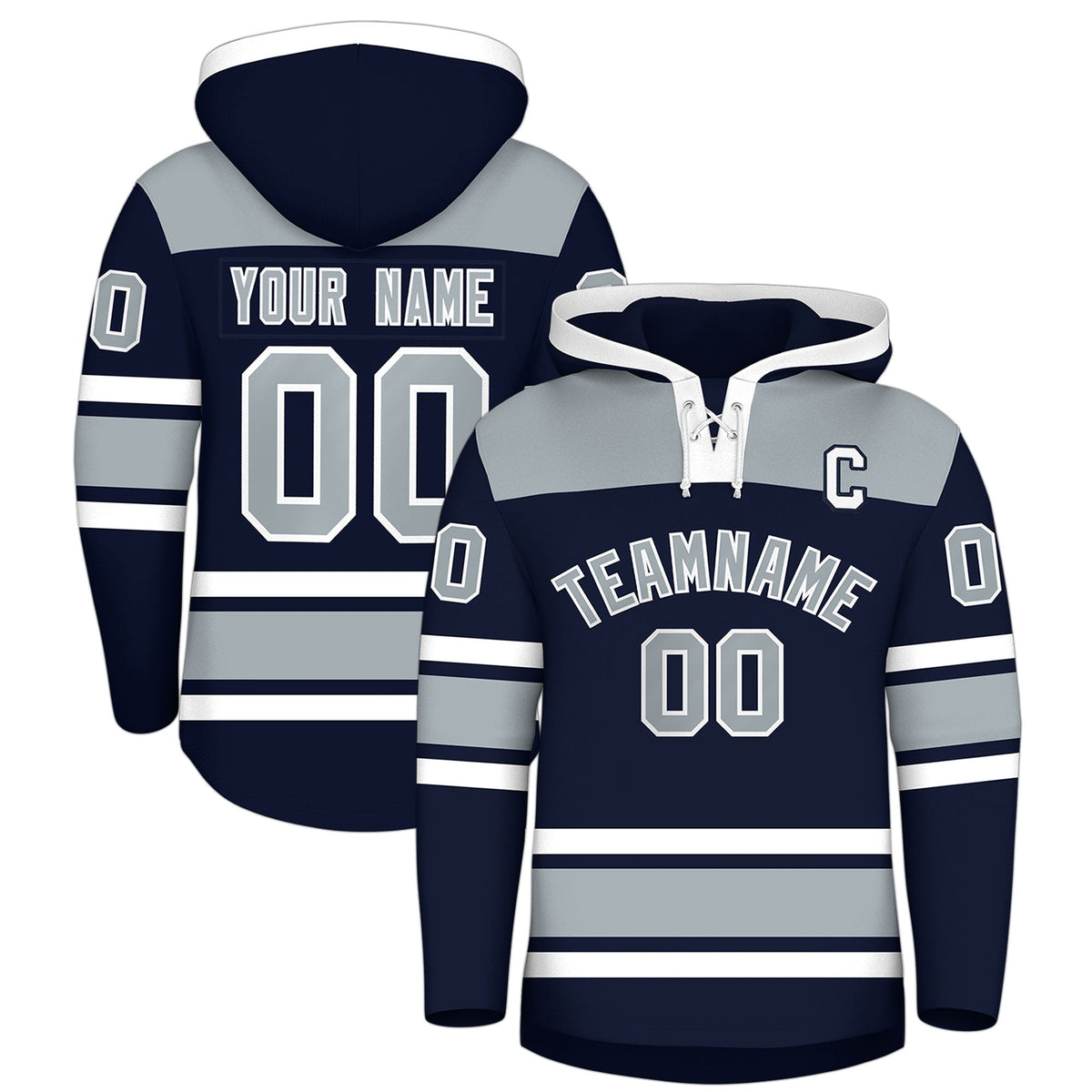 Custom Hockey Hoodie Jersey Navy Silver Raglan Sleeves Lace-Up Neck Personalized Jersey for Men &amp; Youth