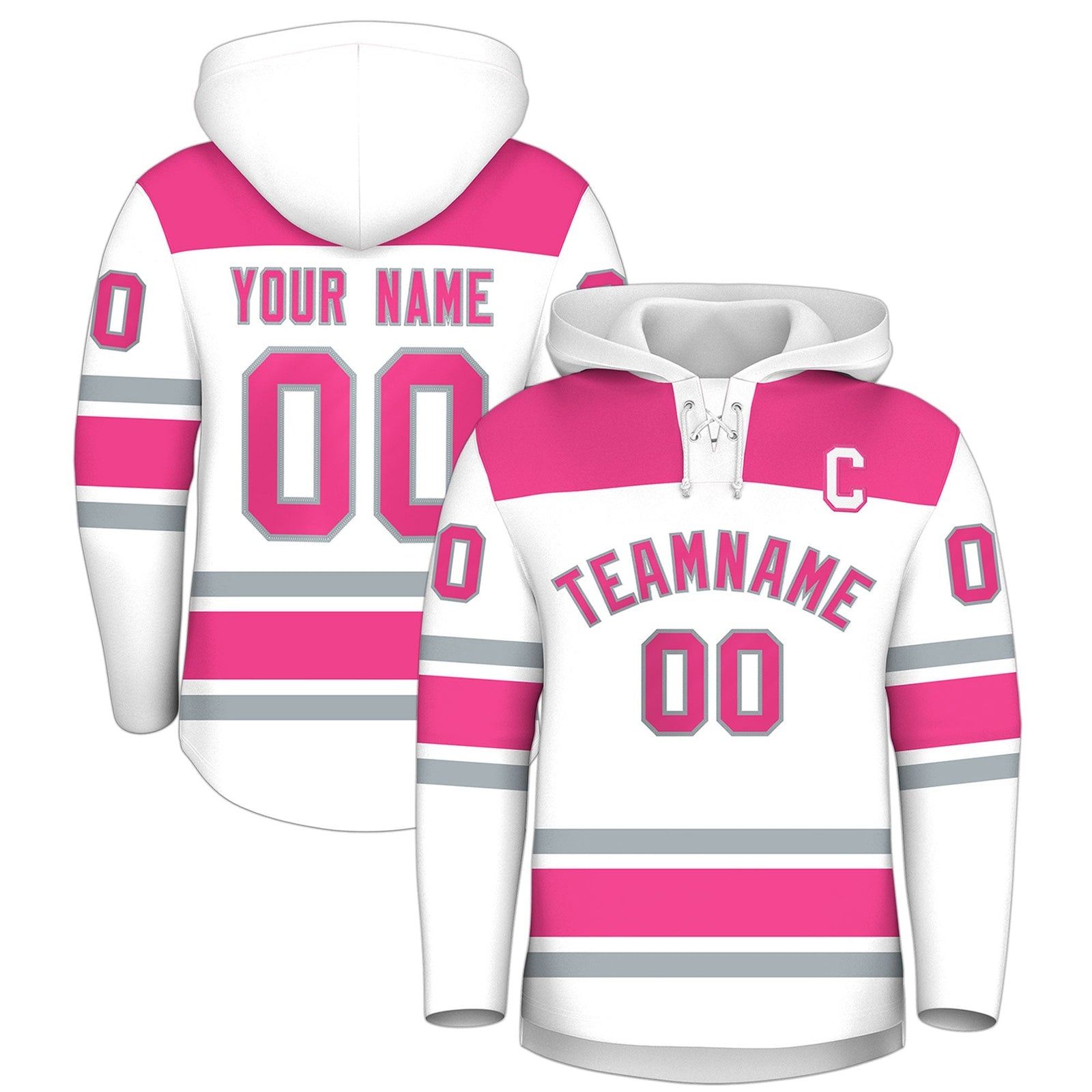 Custom Hockey Hoodie Jersey White Pink Raglan Sleeves Lace-Up Neck Personal Name & Number & Logo
