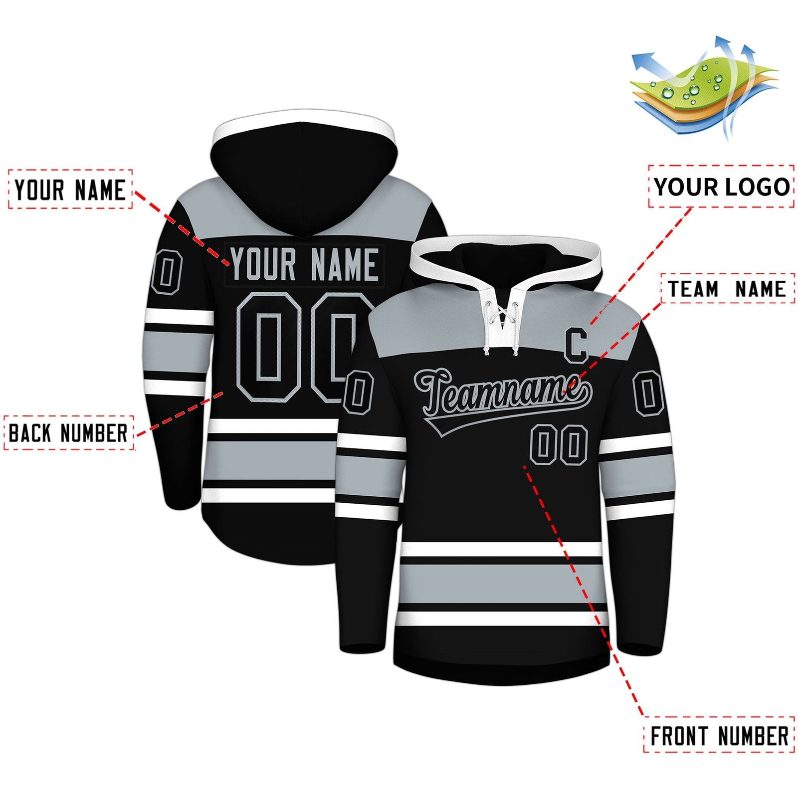 Custom Hockey Hoodie Jersey Black Silver Raglan Sleeves Lace-Up Neck Classic Team Colors Hoodie