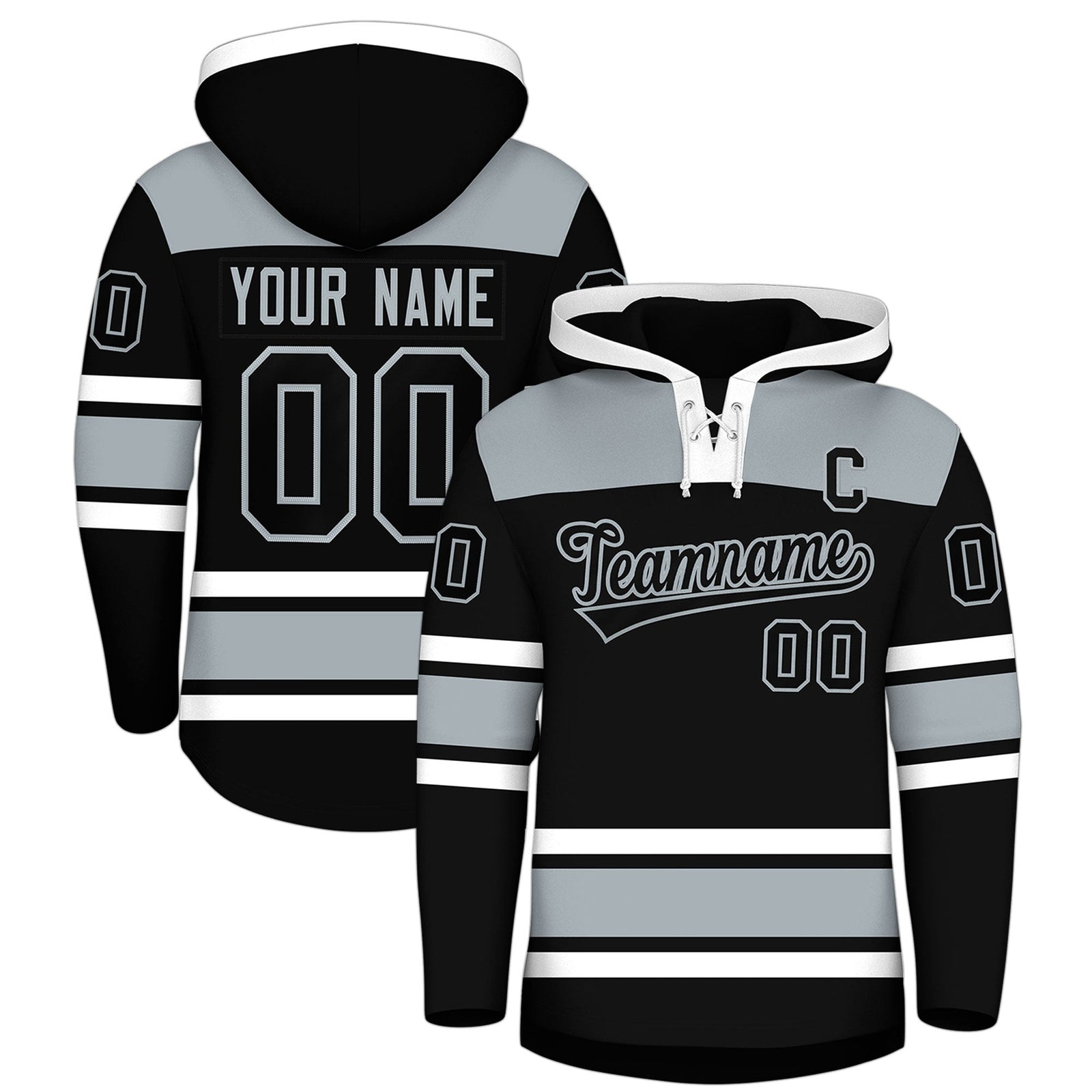 Custom Hockey Hoodie Jersey Black Silver Raglan Sleeves Lace-Up Neck Classic Team Colors Hoodie