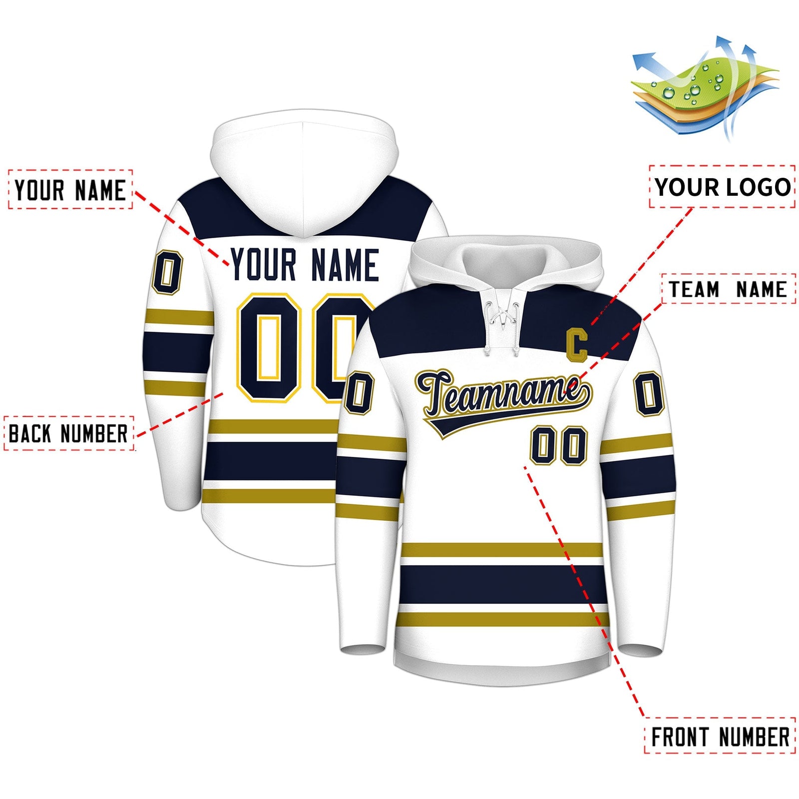 Custom Hockey Hoodie Jersey White Navy Raglan Sleeves Lace-Up Neck Personal Name & Number & Logo