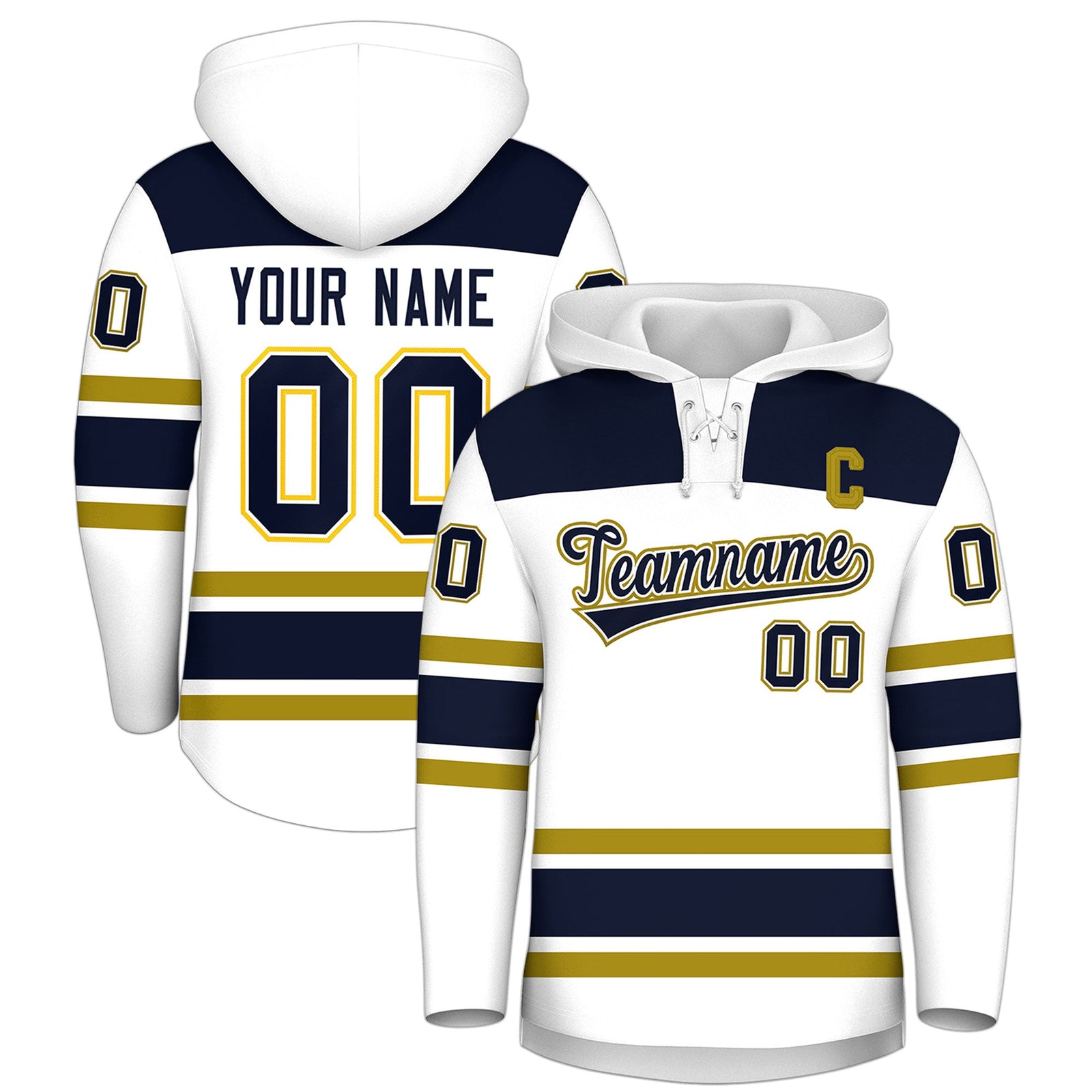 Custom Hockey Hoodie Jersey White Navy Raglan Sleeves Lace-Up Neck Personal Name & Number & Logo