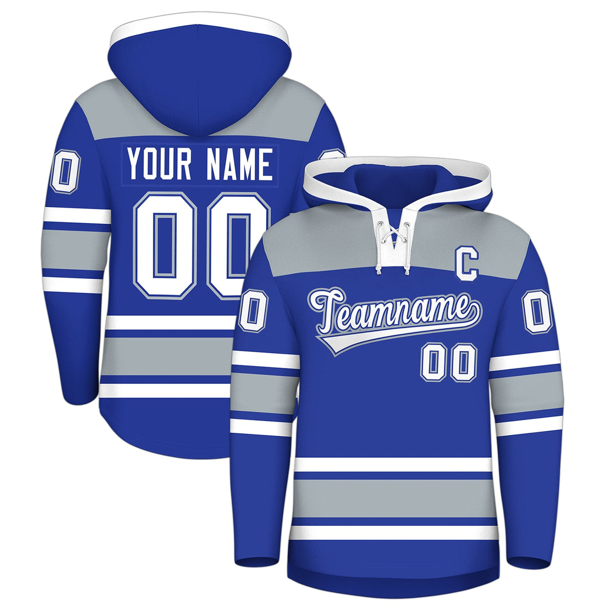 Custom Hockey Hoodie Jersey Royal Blue Silver Raglan Sleeves Lace-Up Neck Personalized Jersey for Men &amp; Youth