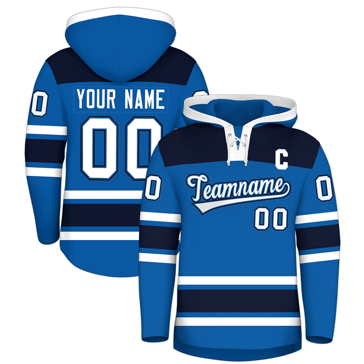 Custom Hockey Hoodie Jersey Royal Navy Raglan Sleeves Lace-Up Neck Personal Name &amp; Number &amp; Logo