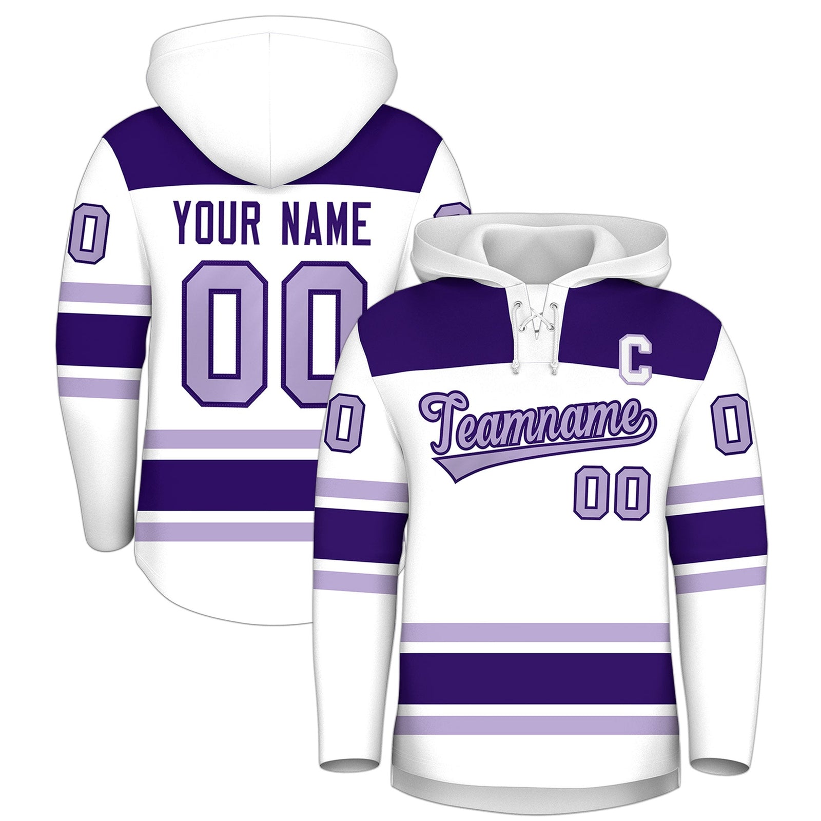 Custom Hockey Hoodie Jersey White Purple Raglan Sleeves Lace-Up Neck Personalized Jersey for Men & Youth