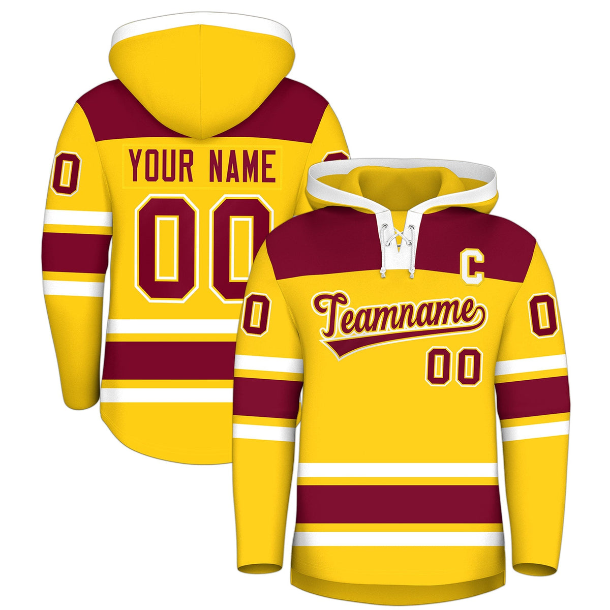 Custom Hockey Hoodie Jersey Gold Crimson Raglan Sleeves Lace-Up Neck Personalized Jersey for Men &amp; Youth