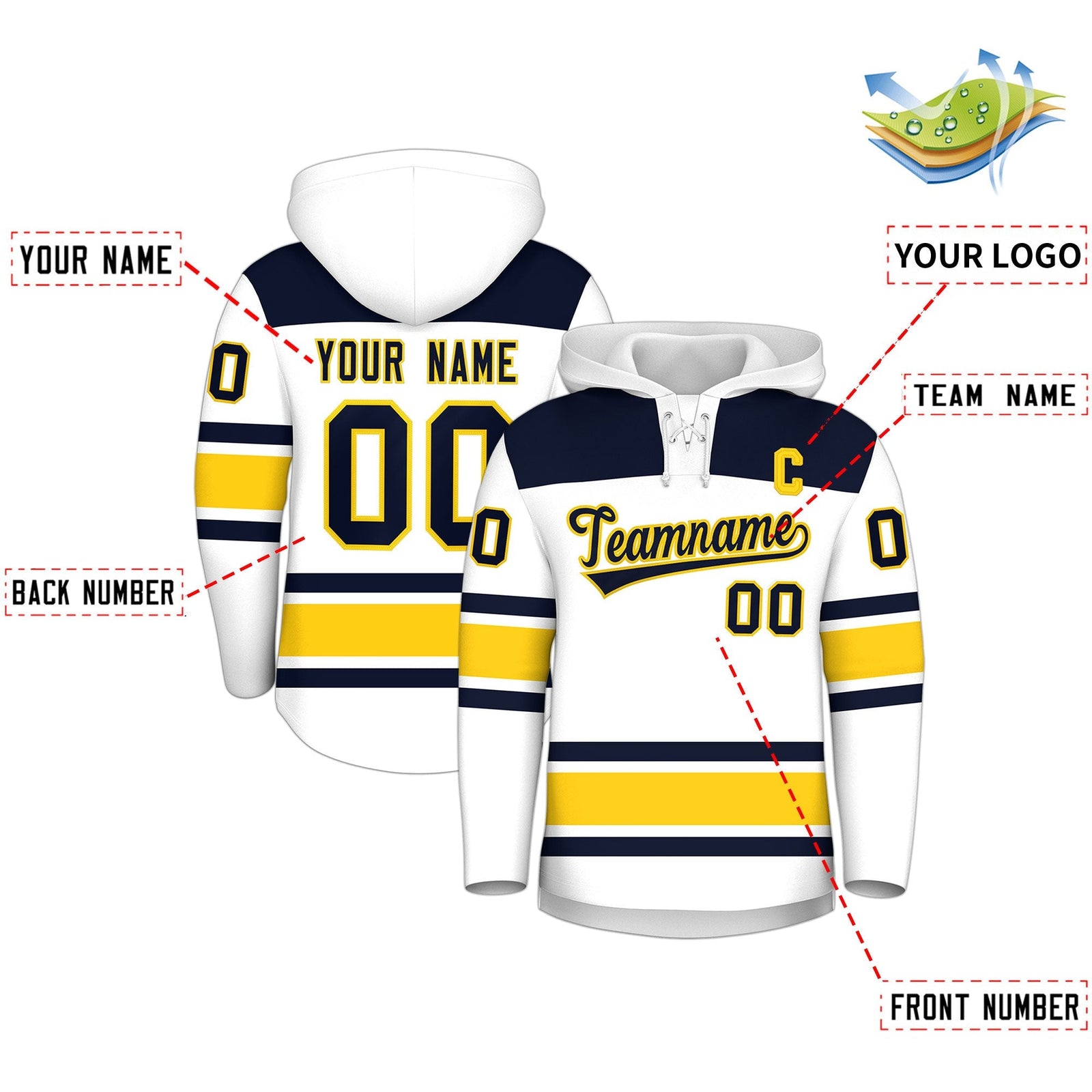 Custom Hockey Hoodie Jersey White Navy Raglan Sleeves Lace-Up Neck Classic Team Colors Hoodie