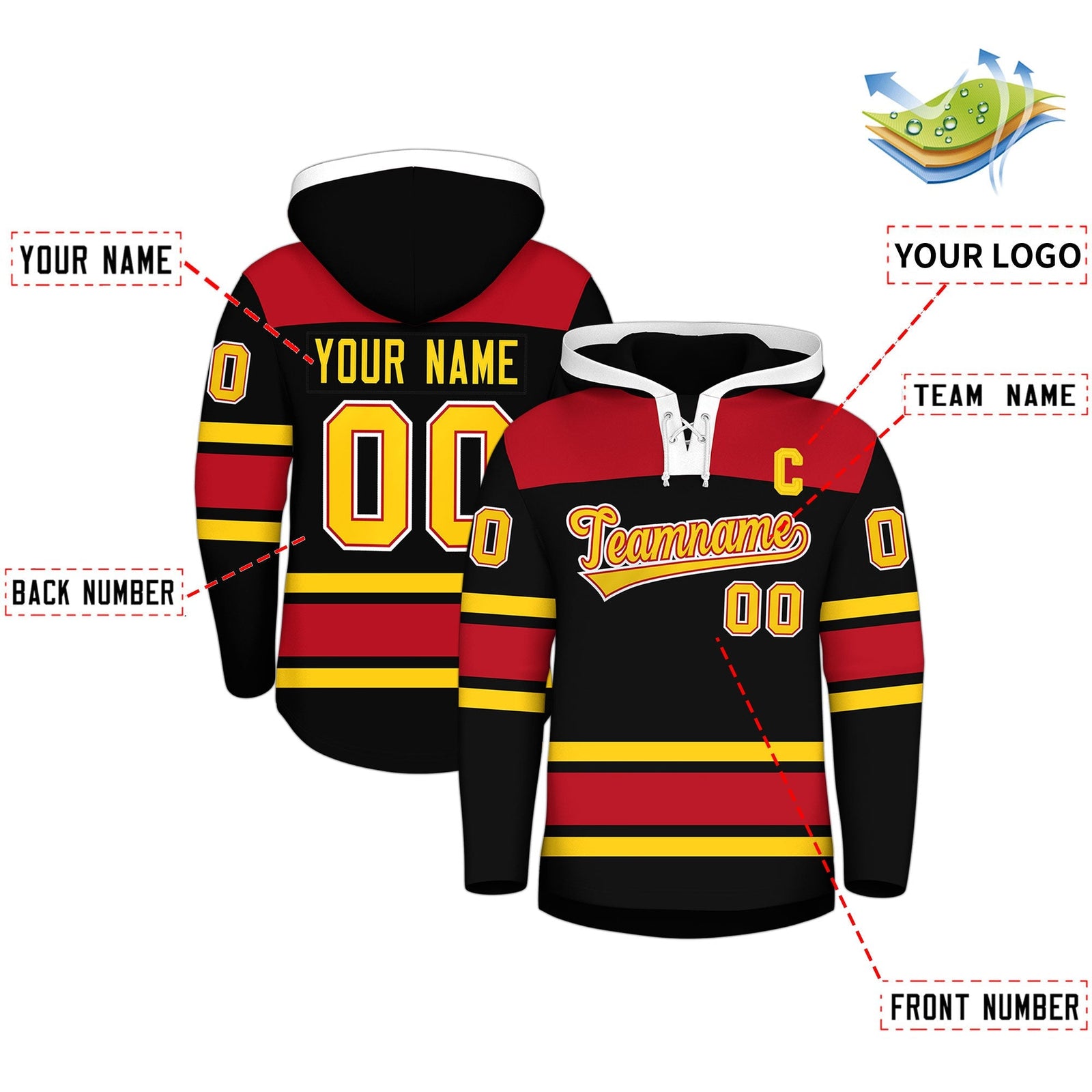 Custom Hockey Hoodie Jersey Black Red Raglan Sleeves Lace-Up Neck Personal Name & Number & Logo