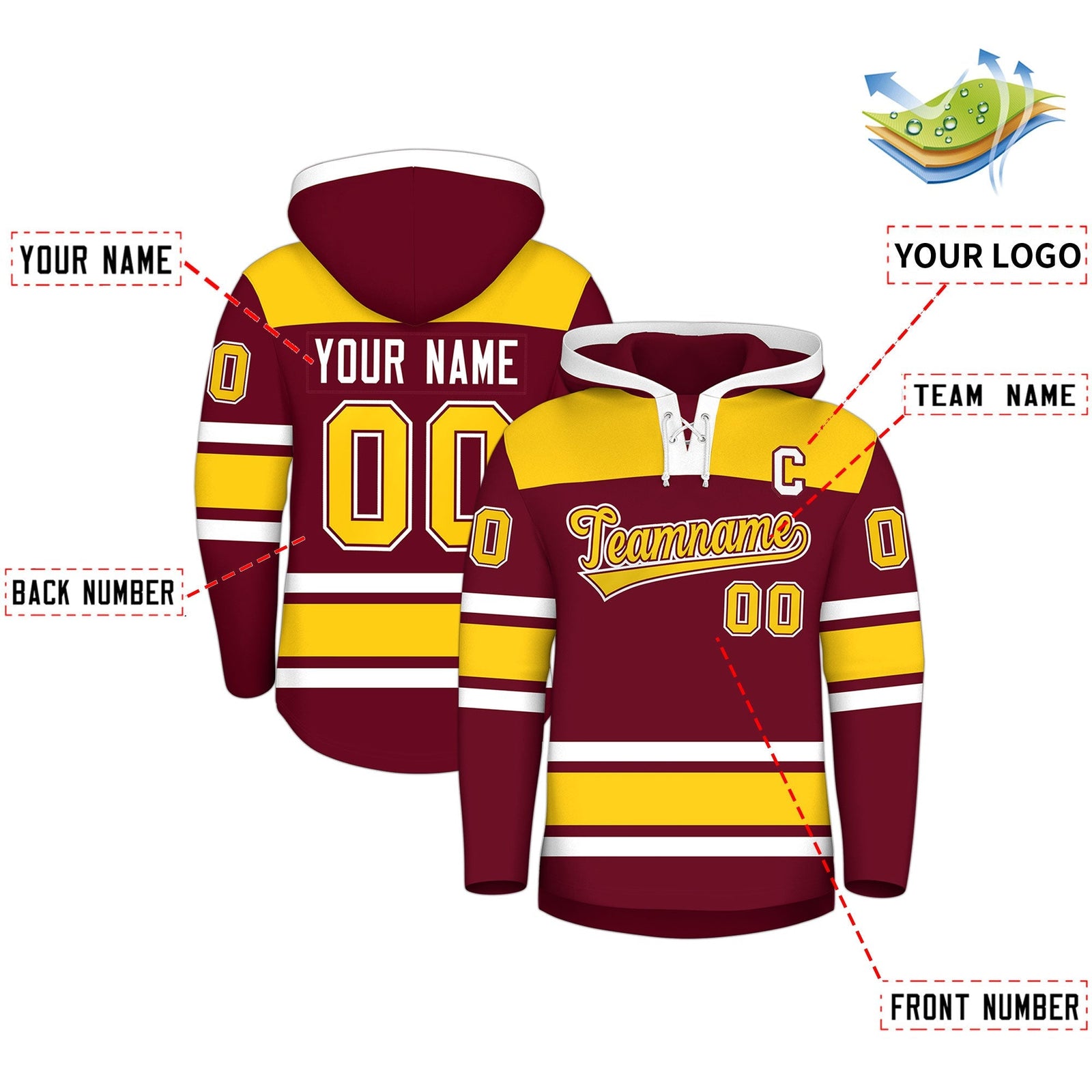 Custom Hockey Hoodie Jersey Crimson Gold Raglan Sleeves Lace-Up Neck Personalized Jersey for Men & Youth
