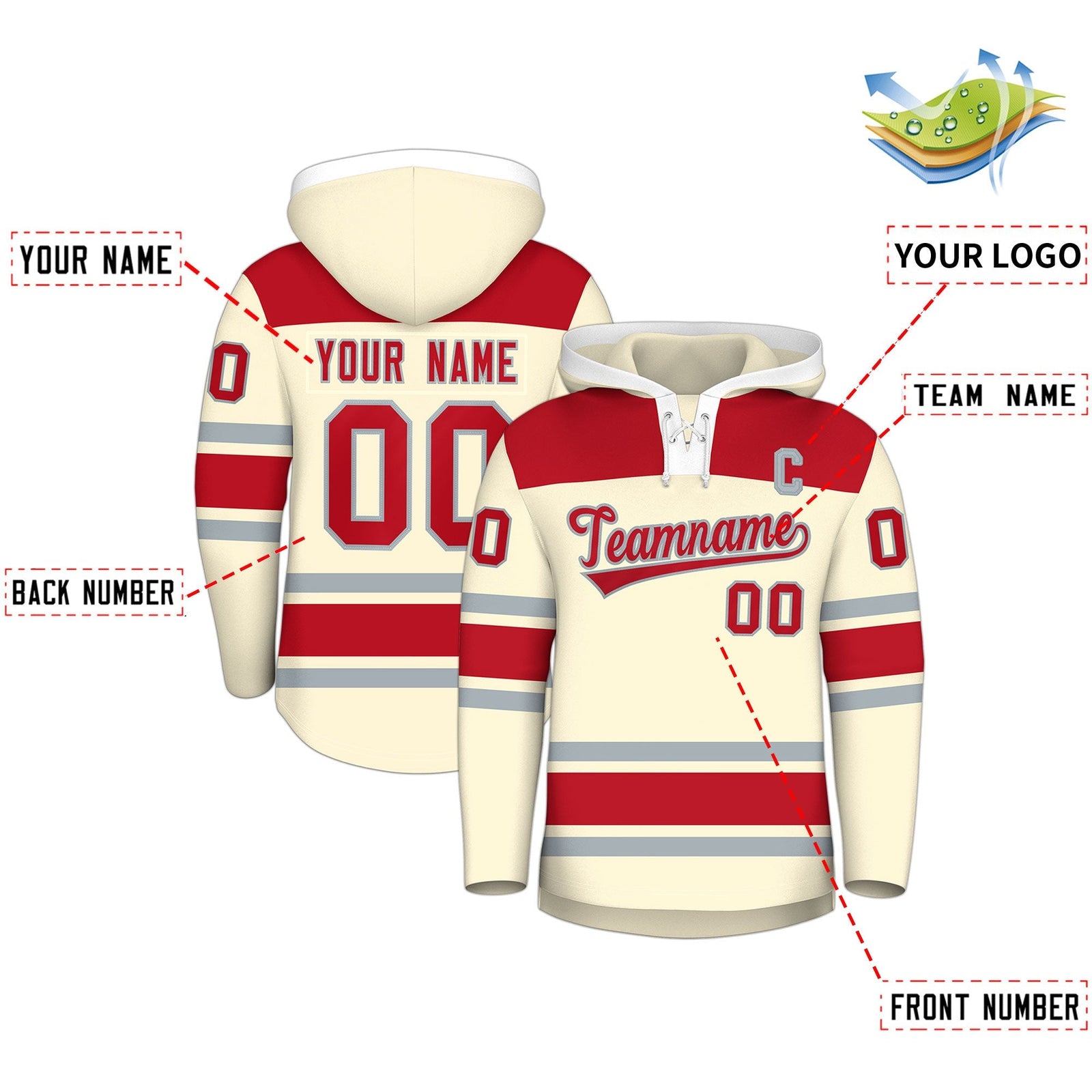 Custom Hockey Hoodie Jersey Cream Red Raglan Sleeves Lace-Up Neck Personal Name & Number & Logo