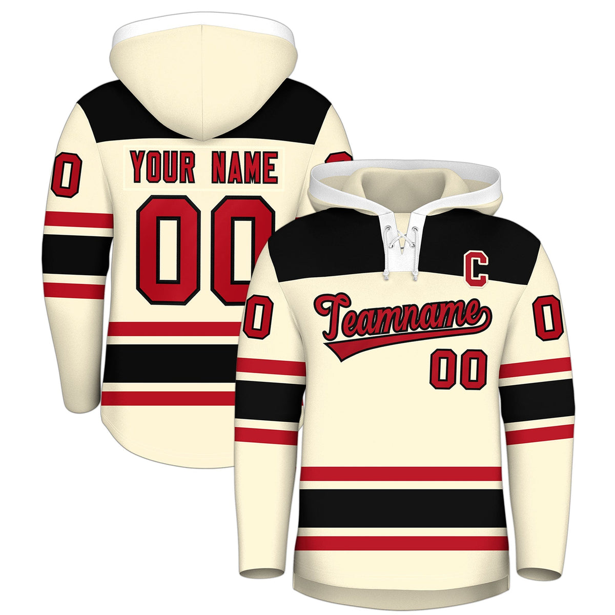 Custom Hockey Hoodie Jersey Cream Black Raglan Sleeves Lace-Up Neck Personal Name &amp; Number &amp; Logo