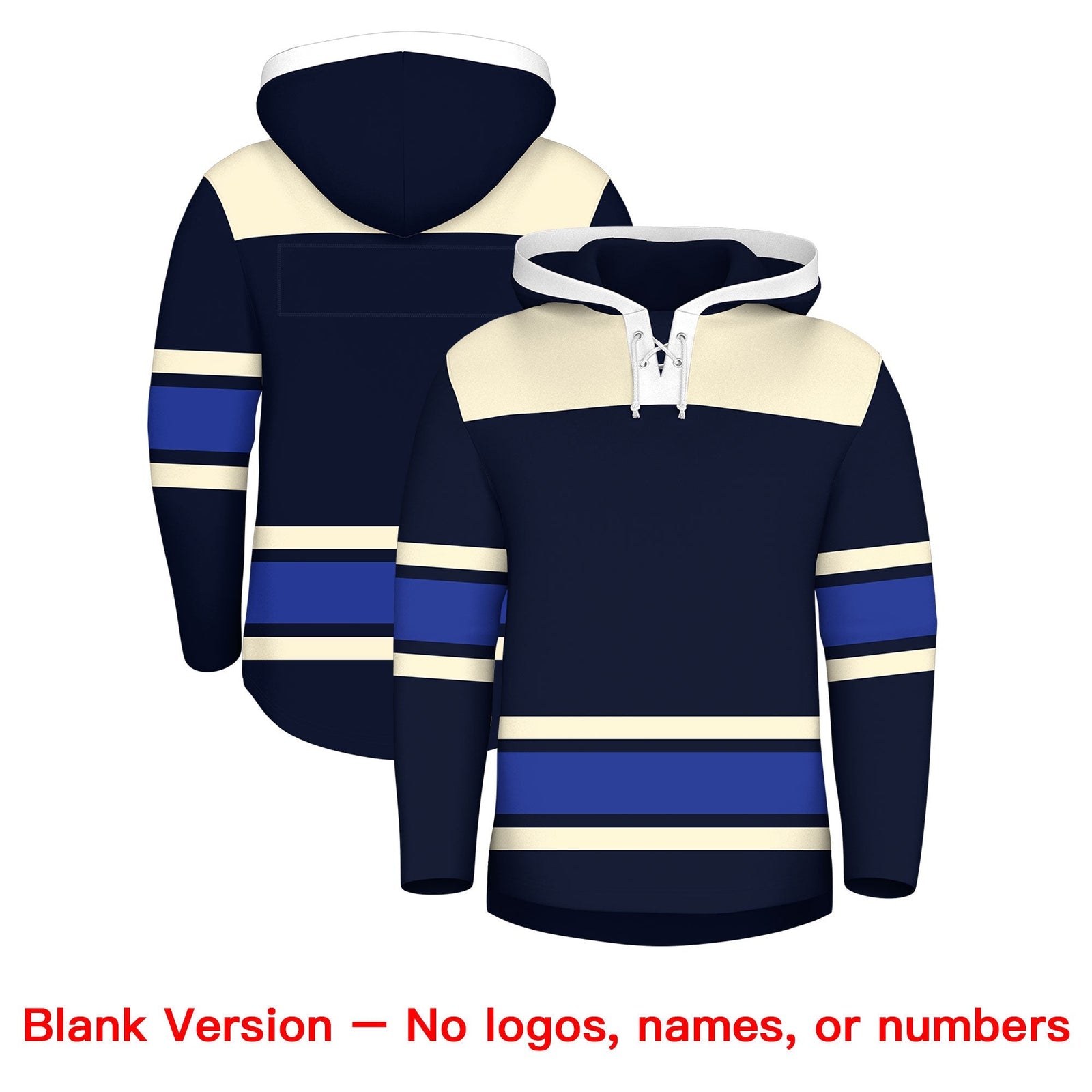 Custom Hockey Hoodie Jersey Navy Cream Raglan Sleeves Lace-Up Neck Personal Name & Number & Logo
