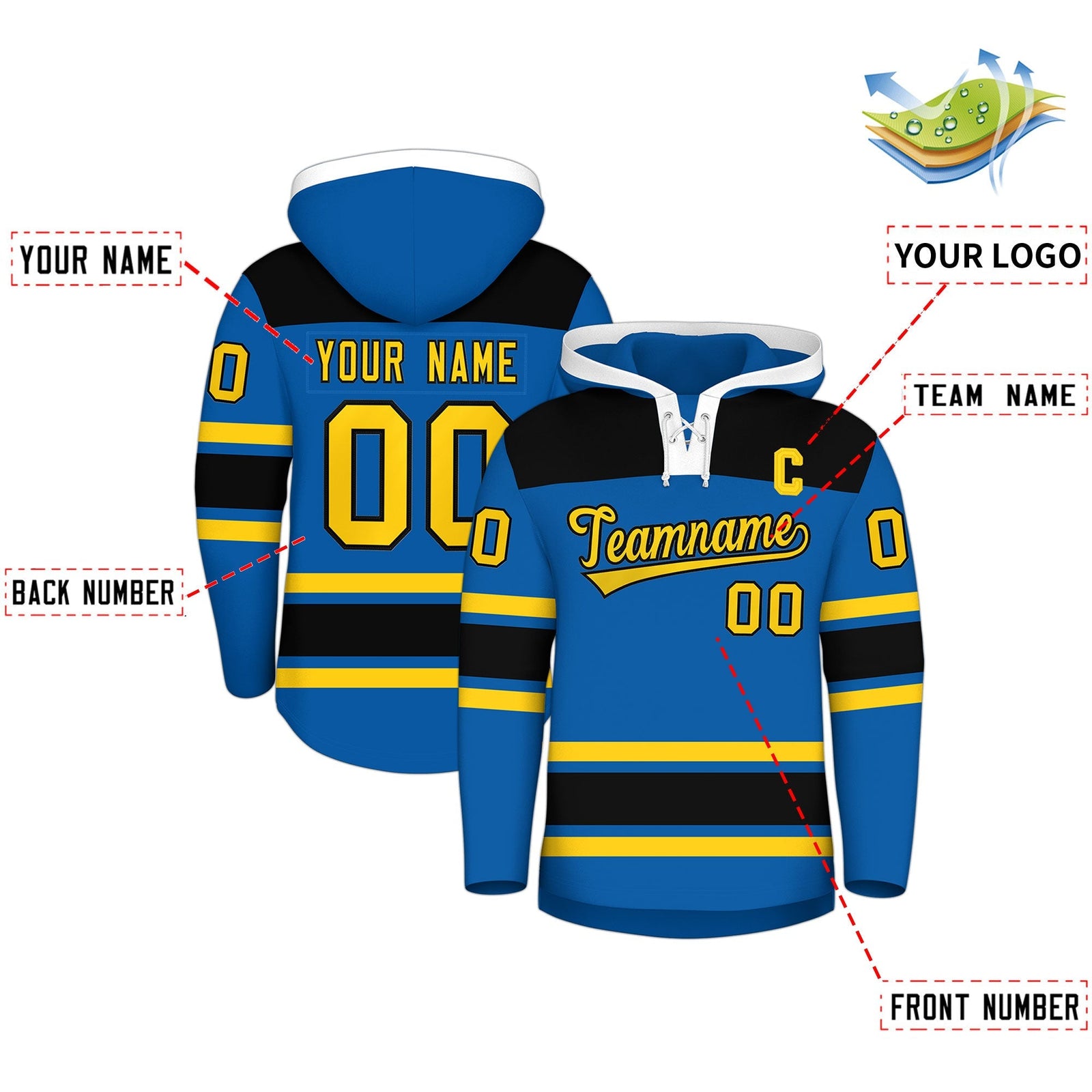 Custom Hockey Hoodie Jersey Royal Black Raglan Sleeves Lace-Up Neck Personalized Jersey for Men & Youth