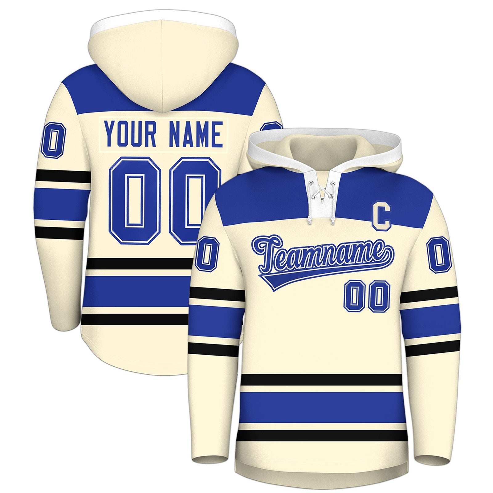 Custom Hockey Hoodie Jersey Cream Royal Blue Raglan Sleeves Lace-Up Neck Personal Name & Number & Logo