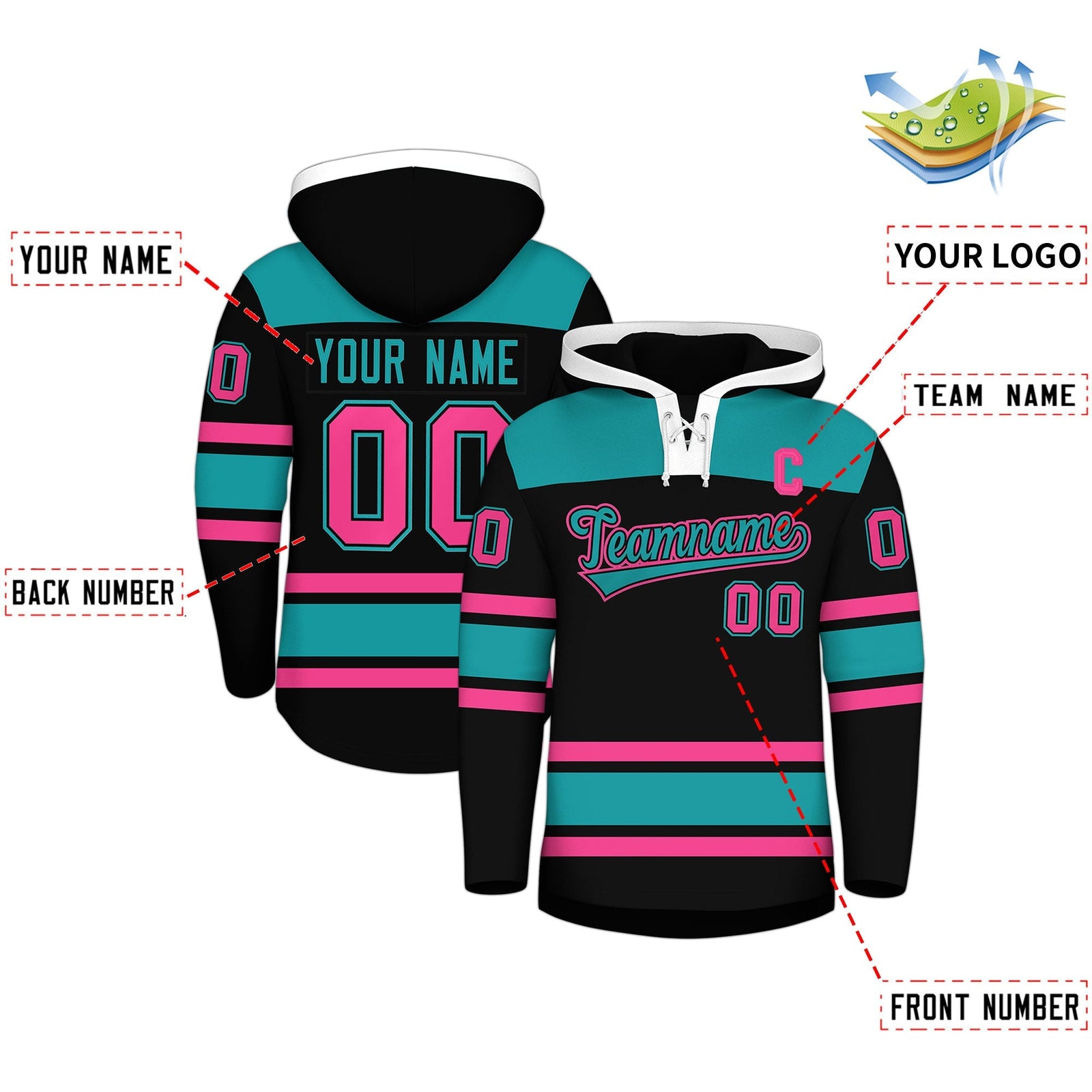 Custom Hockey Hoodie Jersey Black Aqua Raglan Sleeves Lace-Up Neck Personalized Jersey for Men & Youth