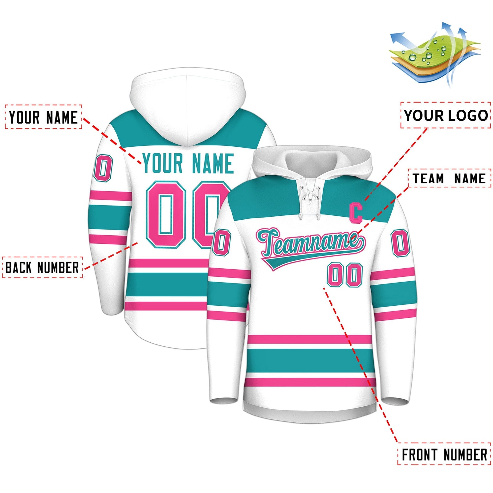 Custom Hockey Hoodie Jersey White Aqua Raglan Sleeves Lace-Up Neck Personal Name & Number & Logo