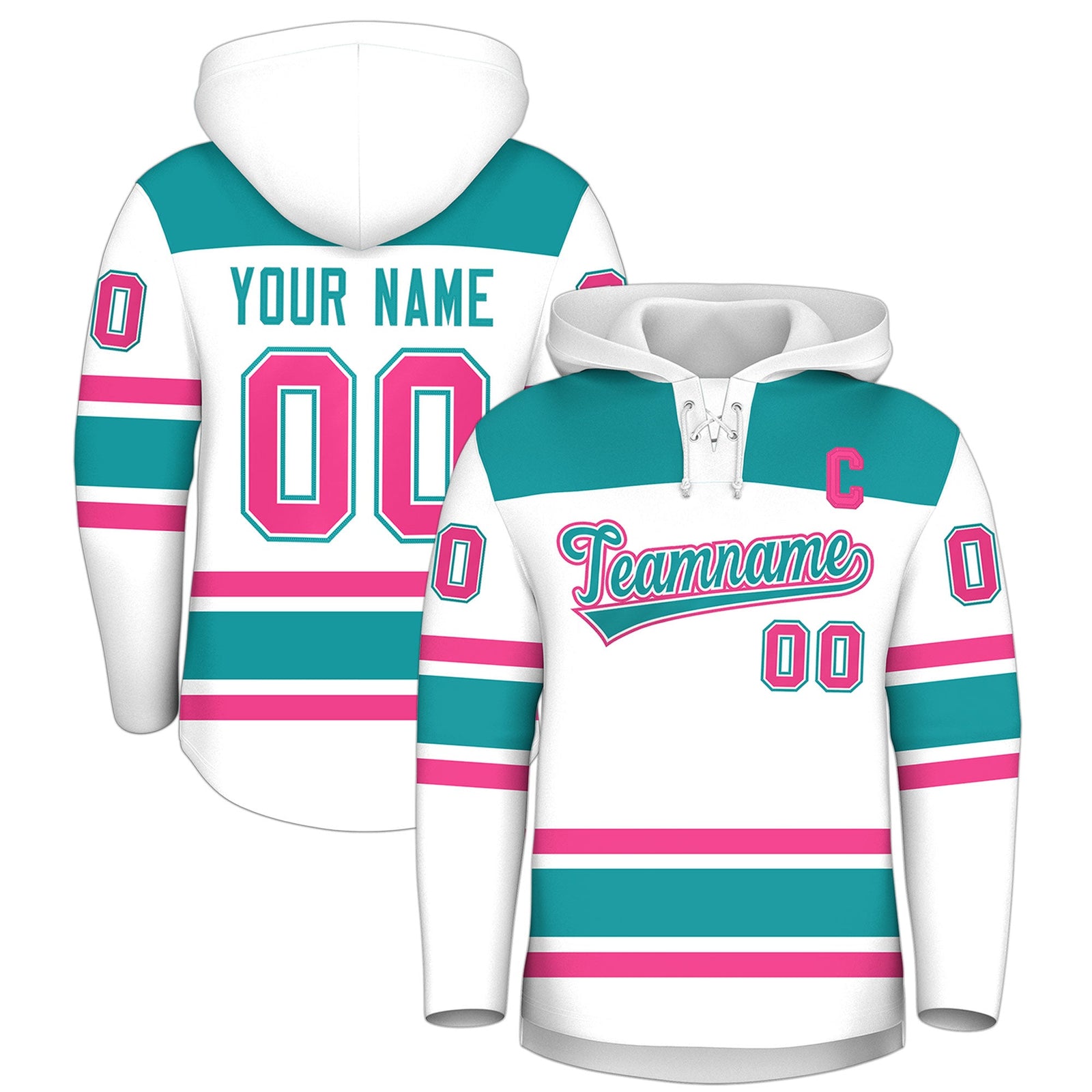 Custom Hockey Hoodie Jersey White Aqua Raglan Sleeves Lace-Up Neck Personal Name & Number & Logo