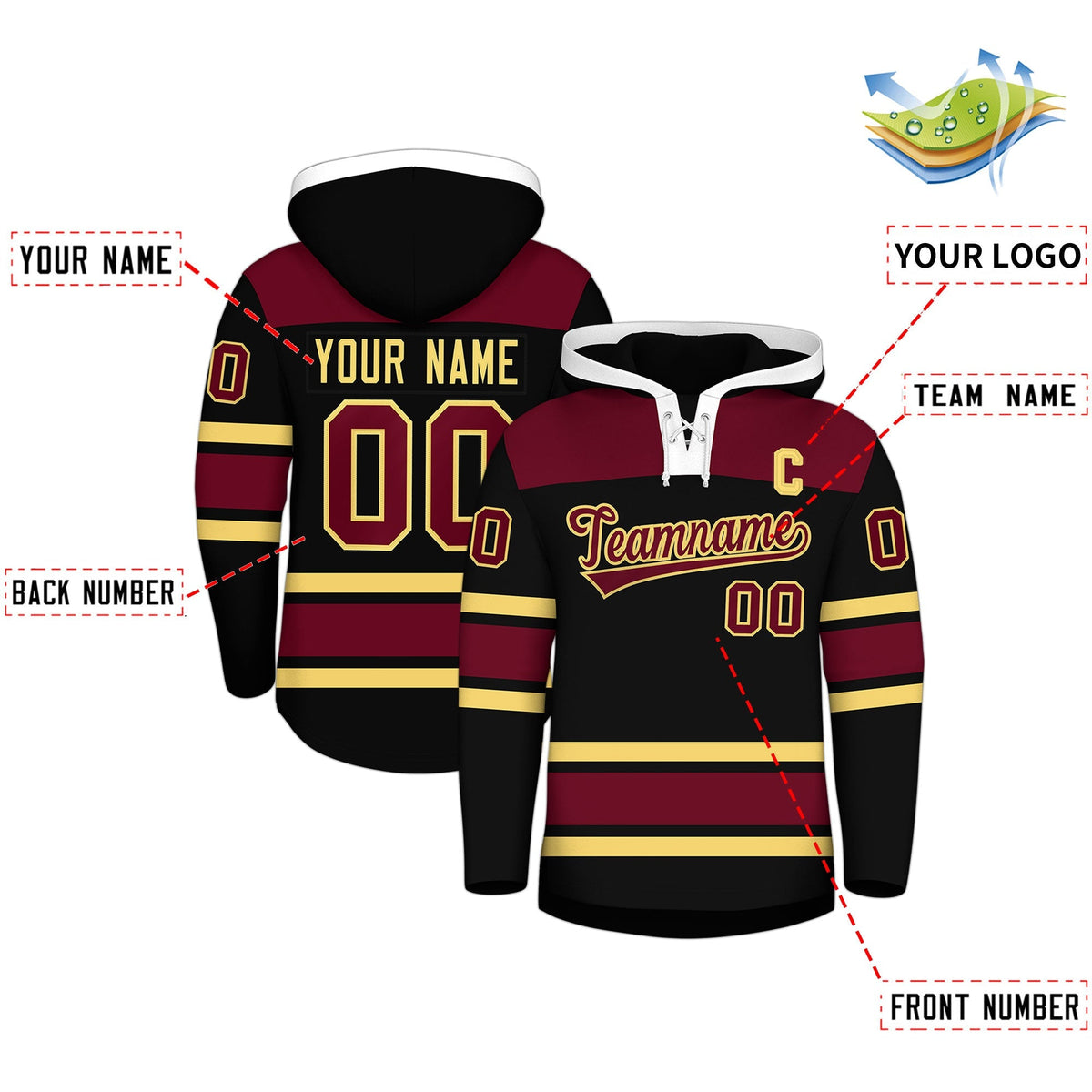 Custom Hockey Hoodie Jersey Black Crimson Raglan Sleeves Lace-Up Neck Personalized Jersey for Men &amp; Youth