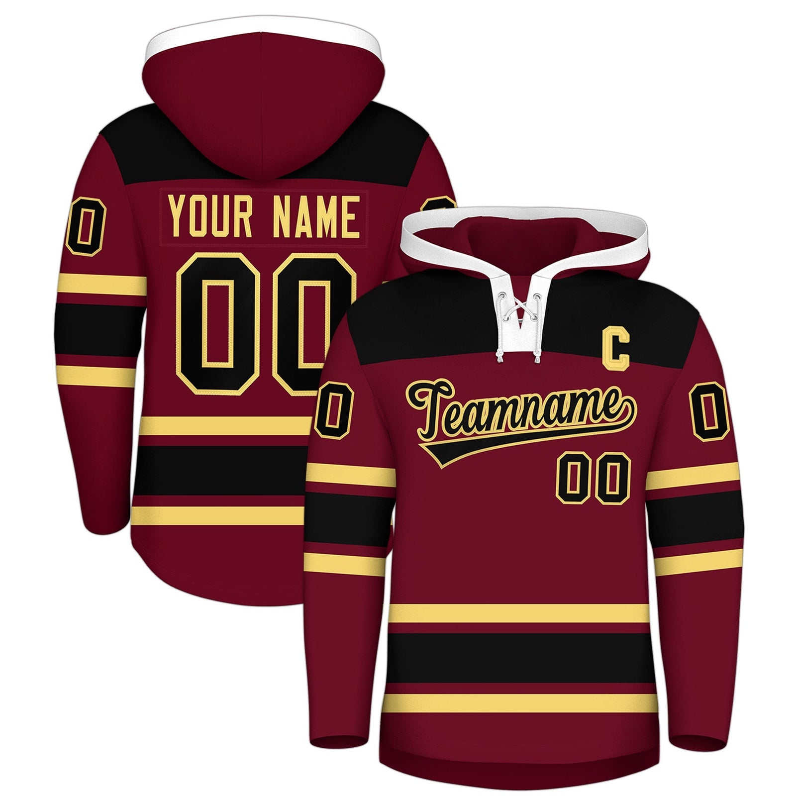 Custom Hockey Hoodie Jersey Crimson Black Raglan Sleeves Lace-Up Neck Personal Name & Number & Logo