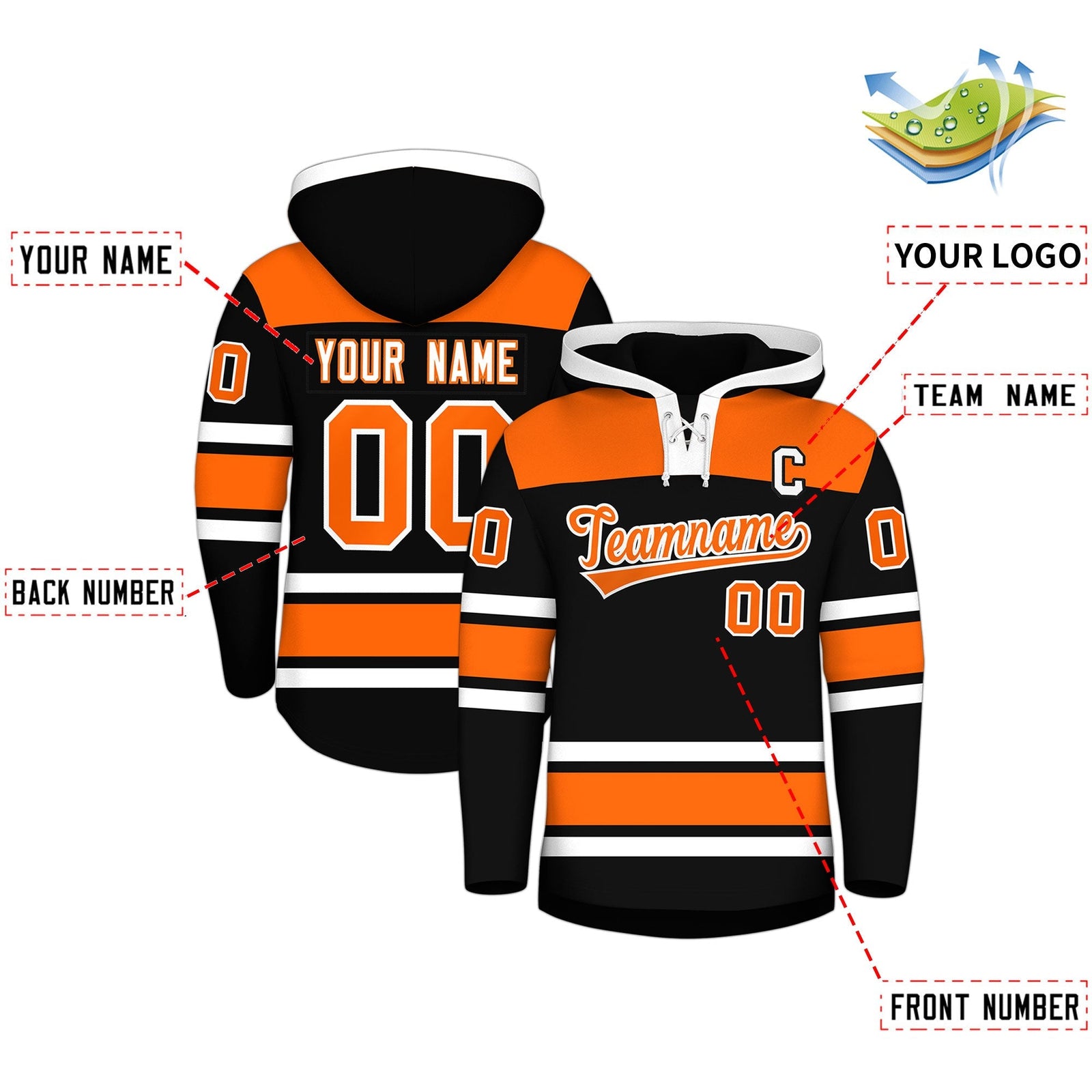 Custom Hockey Hoodie Jersey Black Orange Raglan Sleeves Lace-Up Neck Personalized Jersey for Men & Youth