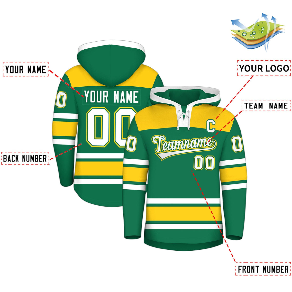 Custom Hockey Hoodie Jersey Kelly Green Gold Raglan Sleeves Lace-Up Neck Personalized Jersey for Men &amp; Youth