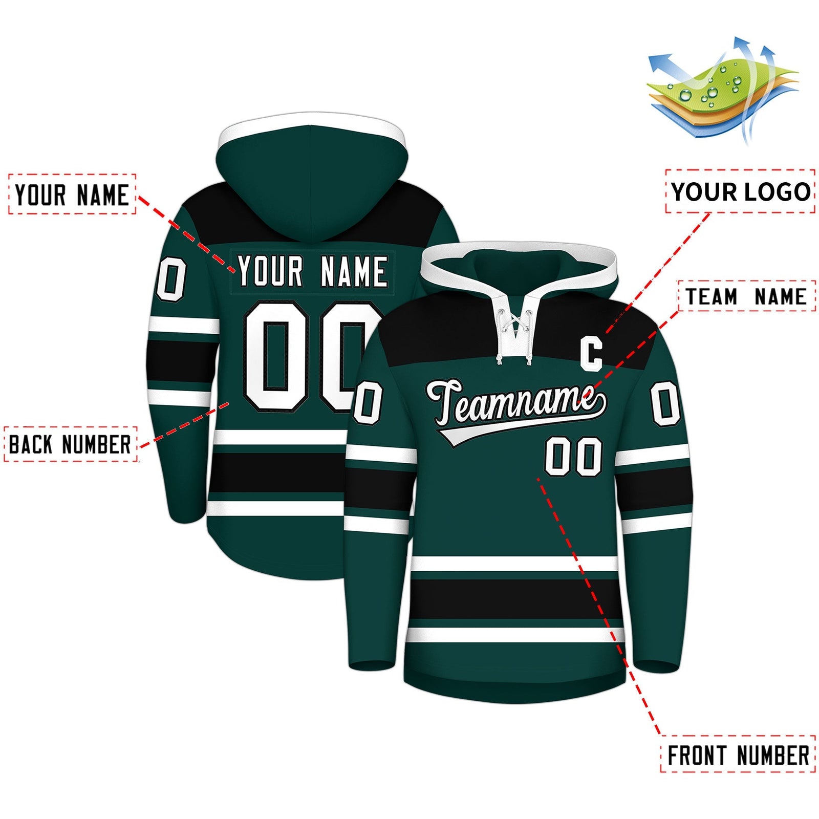 Custom Hockey Hoodie Jersey Midnight Green Black Raglan Sleeves Lace-Up Neck Personal Name & Number & Logo