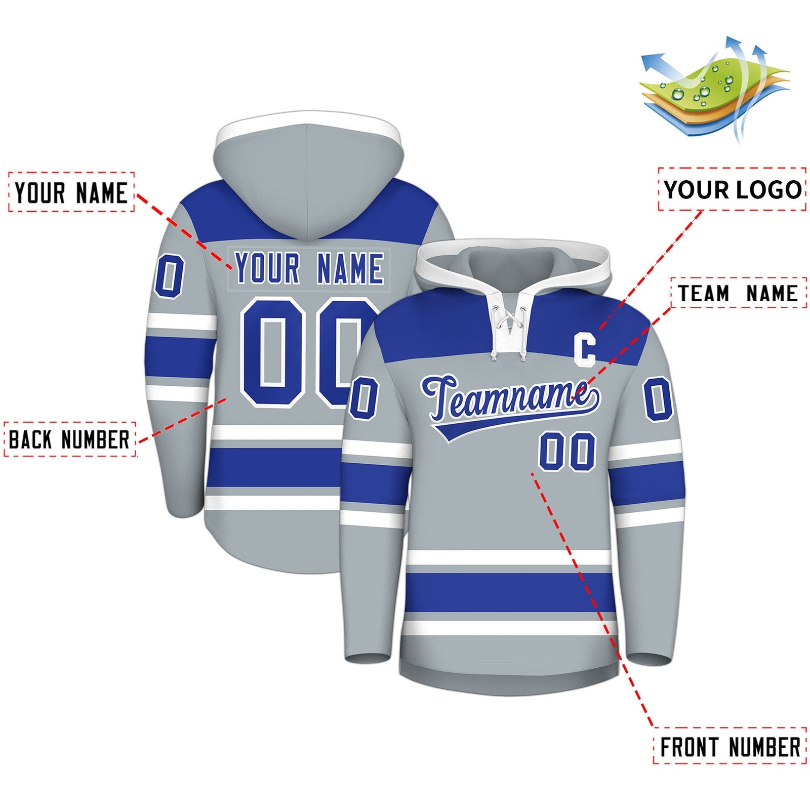 Custom Hockey Hoodie Jersey Silver Royal Blue Raglan Sleeves Lace-Up Neck Personalized Jersey for Men & Youth
