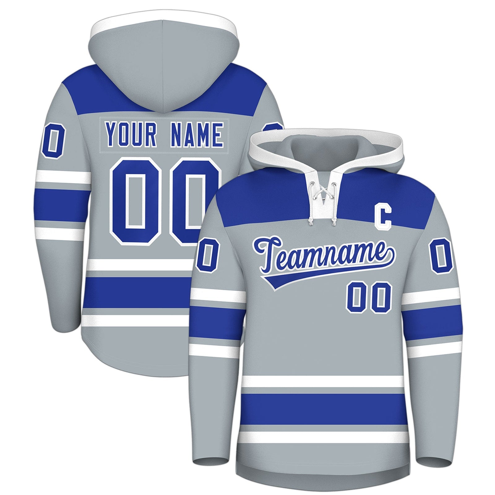 Custom Hockey Hoodie Jersey Silver Royal Blue Raglan Sleeves Lace-Up Neck Personalized Jersey for Men & Youth