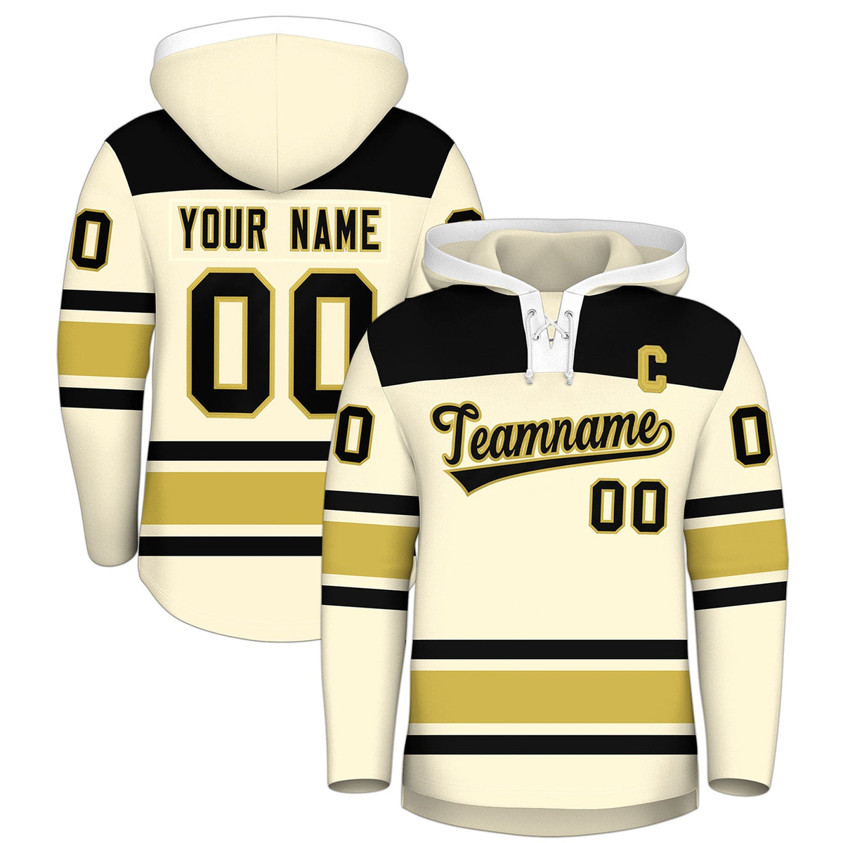 Custom Hockey Hoodie Jersey Cream Old Gold Raglan Sleeves Lace-Up Neck Personal Name &amp; Number &amp; Logo