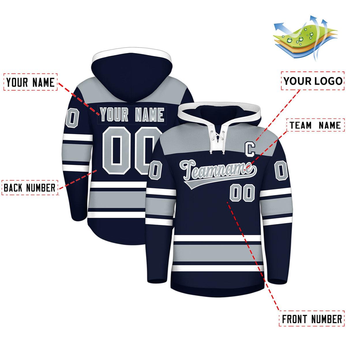 Custom Hockey Hoodie Jersey Navy Silver Raglan Sleeves Lace-Up Neck Personalized Jersey for Men &amp; Youth