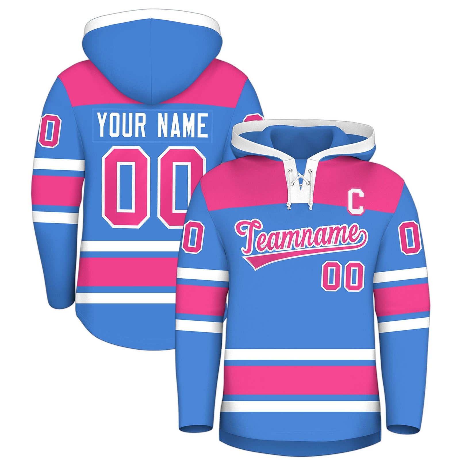 Custom Hockey Hoodie Jersey Powder Blue Raglan Sleeves Lace-Up Neck Personal Name & Number & Logo