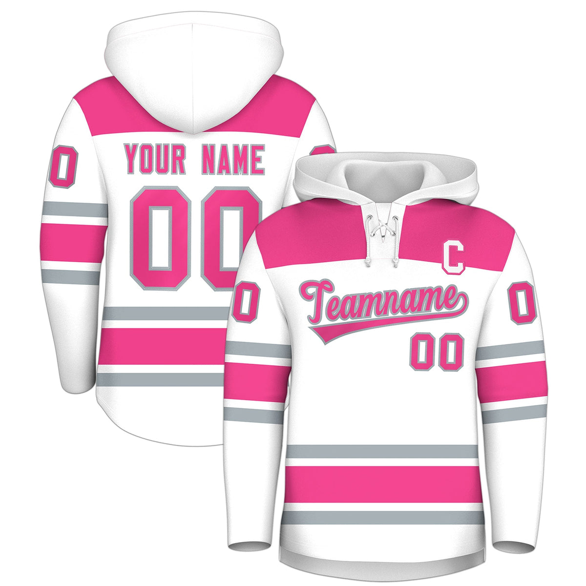 Custom Hockey Hoodie Jersey White Pink Raglan Sleeves Lace-Up Neck Personal Name &amp; Number &amp; Logo