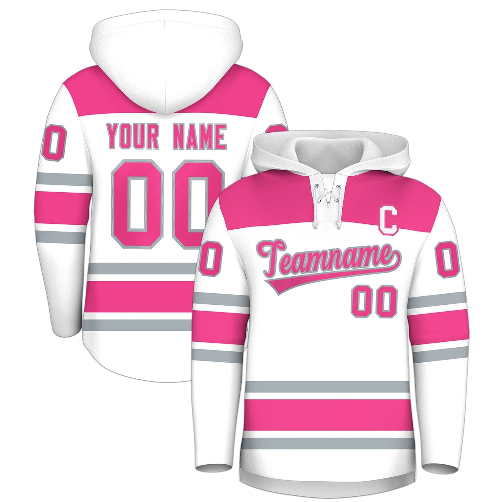 Custom Hockey Hoodie Jersey White Pink Raglan Sleeves Lace-Up Neck Personal Name & Number & Logo