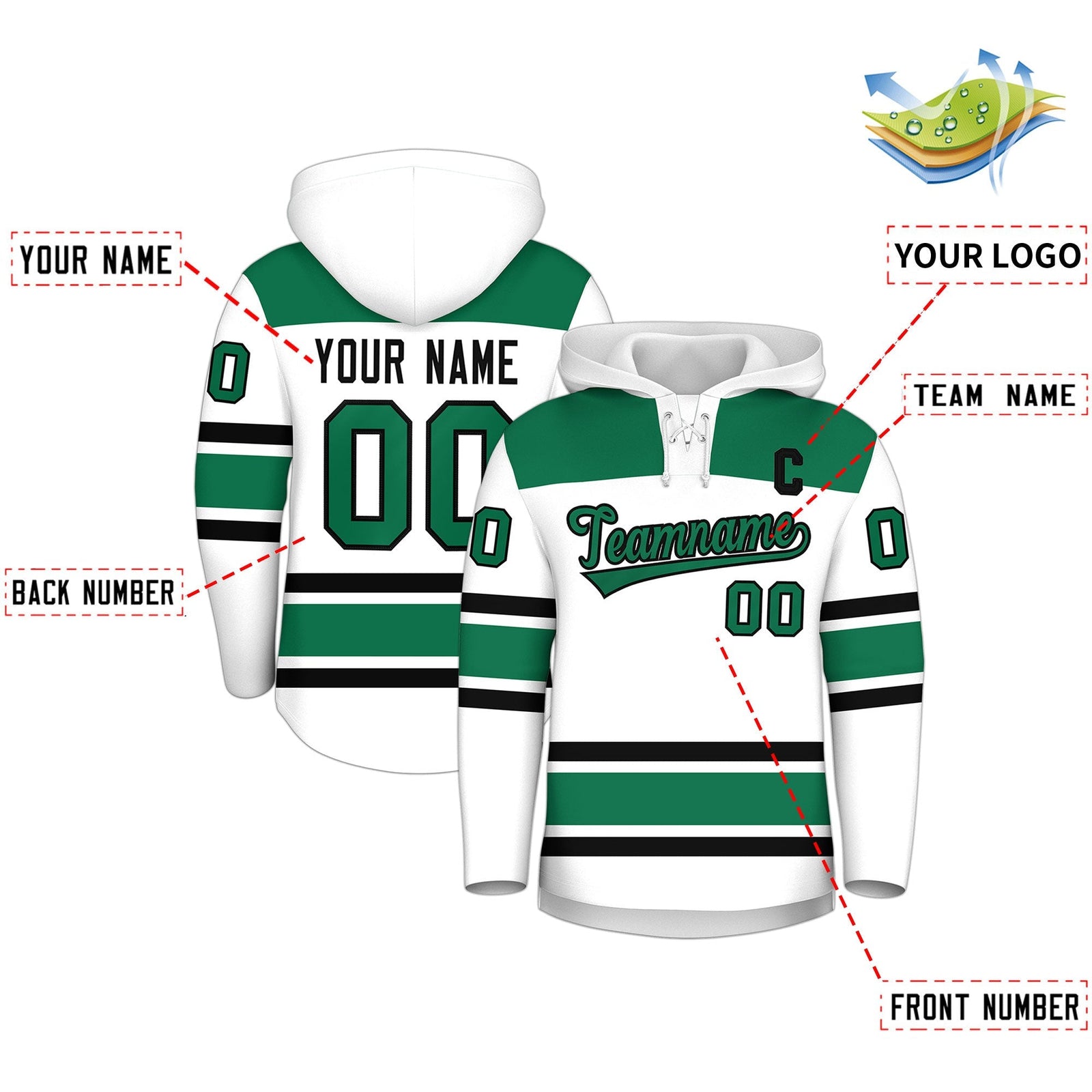 Custom Hockey Hoodie Jersey White Kelly Green Raglan Sleeves Lace-Up Neck Classic Team Colors Hoodie