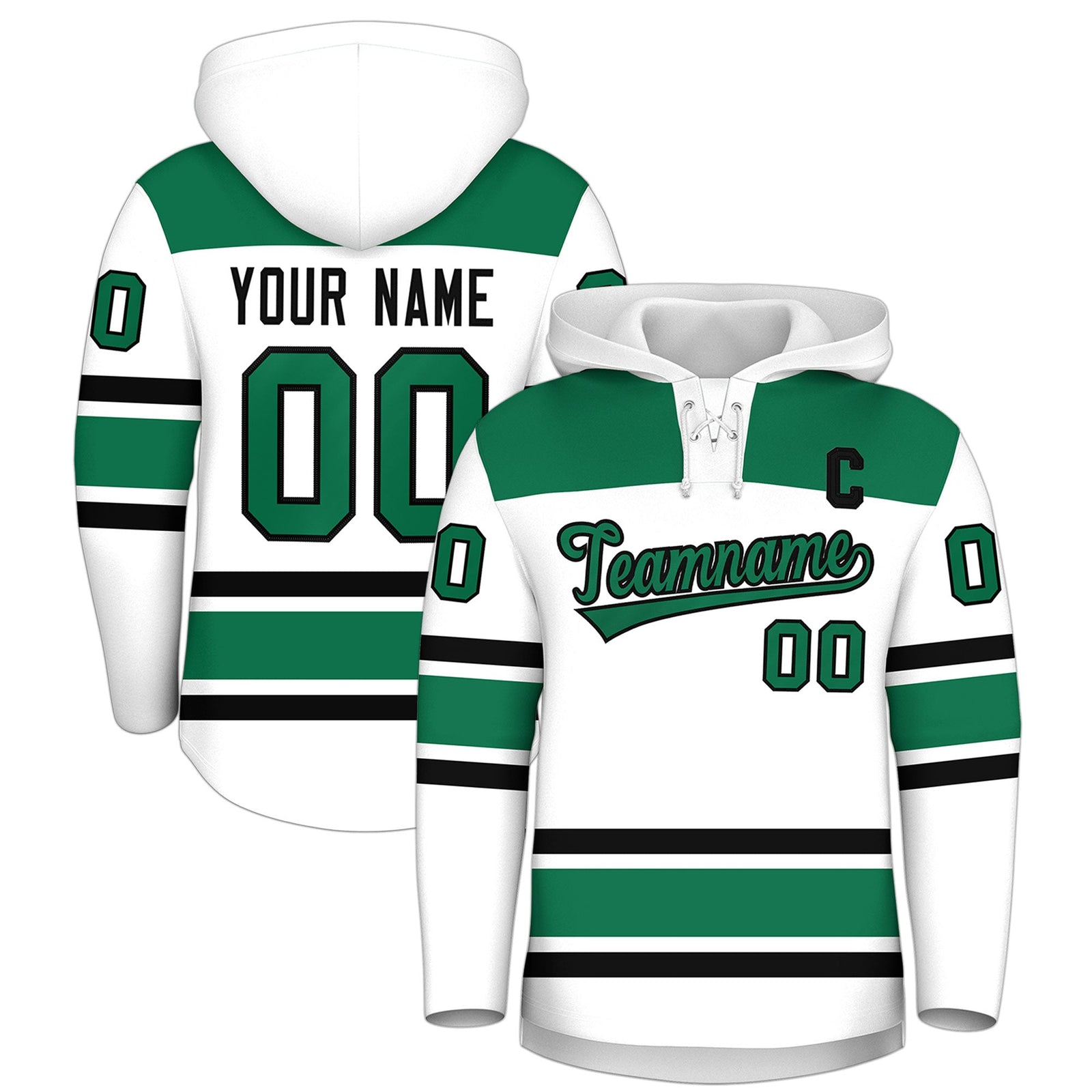 Custom Hockey Hoodie Jersey White Kelly Green Raglan Sleeves Lace-Up Neck Classic Team Colors Hoodie