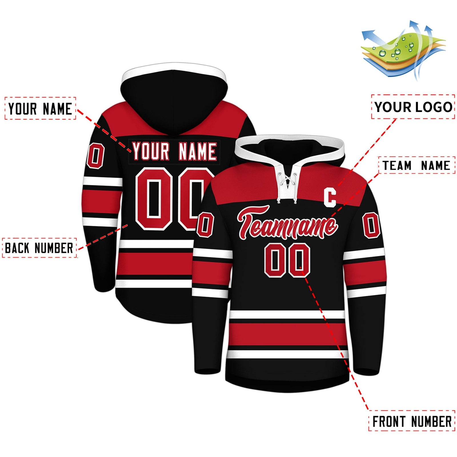 Custom Hockey Hoodie Jersey Black Red Raglan Sleeves Lace-Up Neck Personalized Jersey for Men & Youth