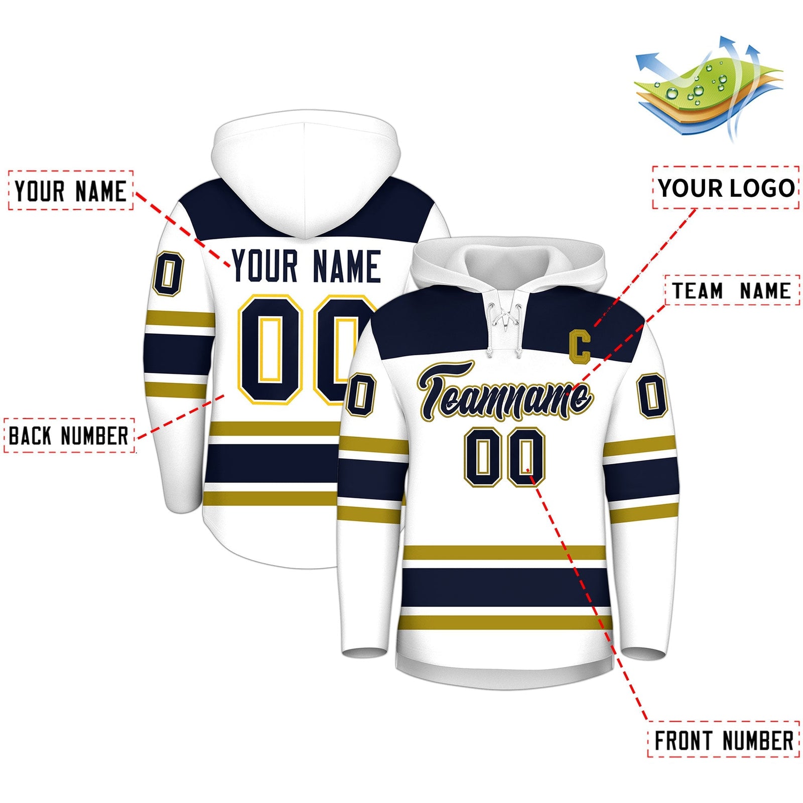 Custom Hockey Hoodie Jersey White Navy Raglan Sleeves Lace-Up Neck Personal Name & Number & Logo