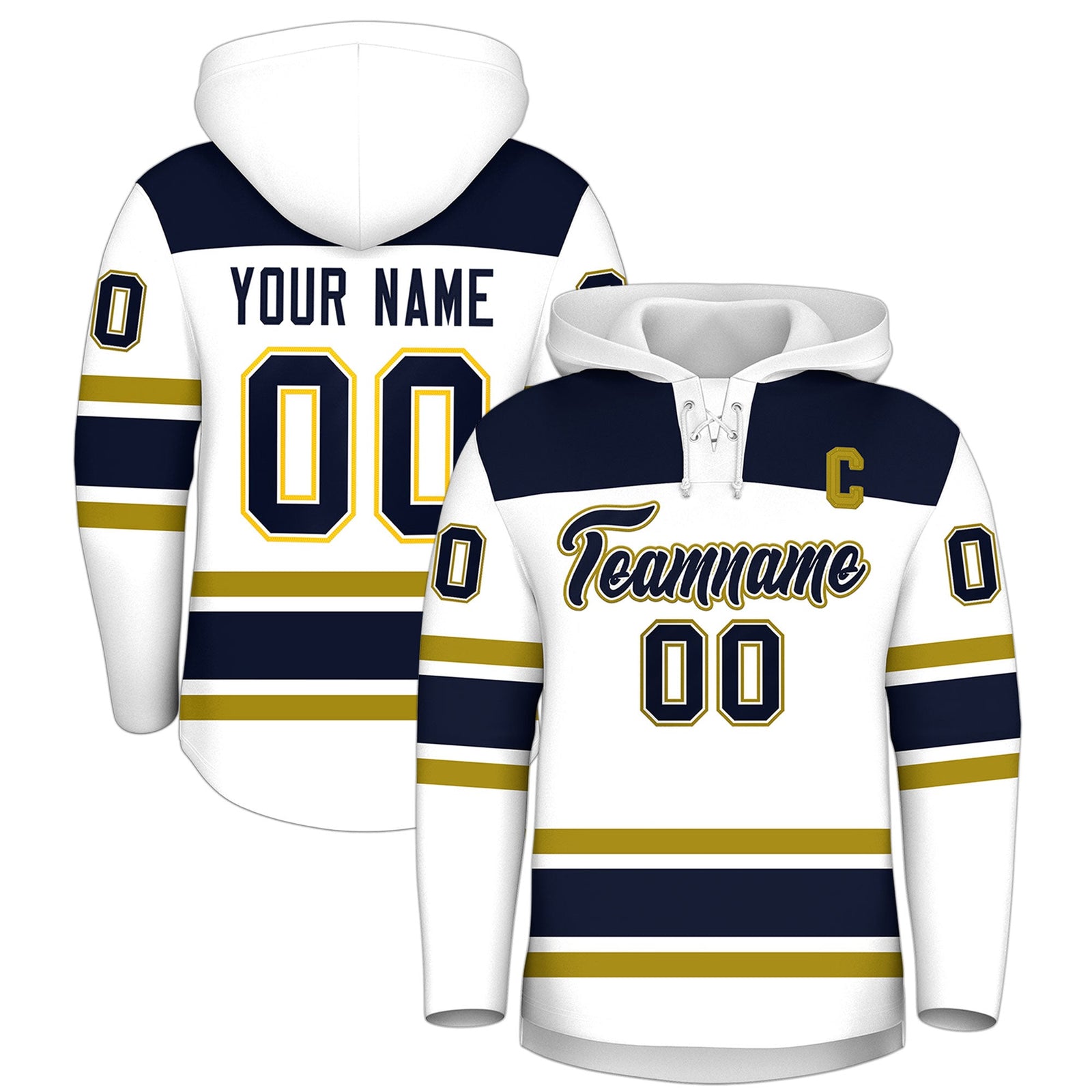 Custom Hockey Hoodie Jersey White Navy Raglan Sleeves Lace-Up Neck Personal Name & Number & Logo