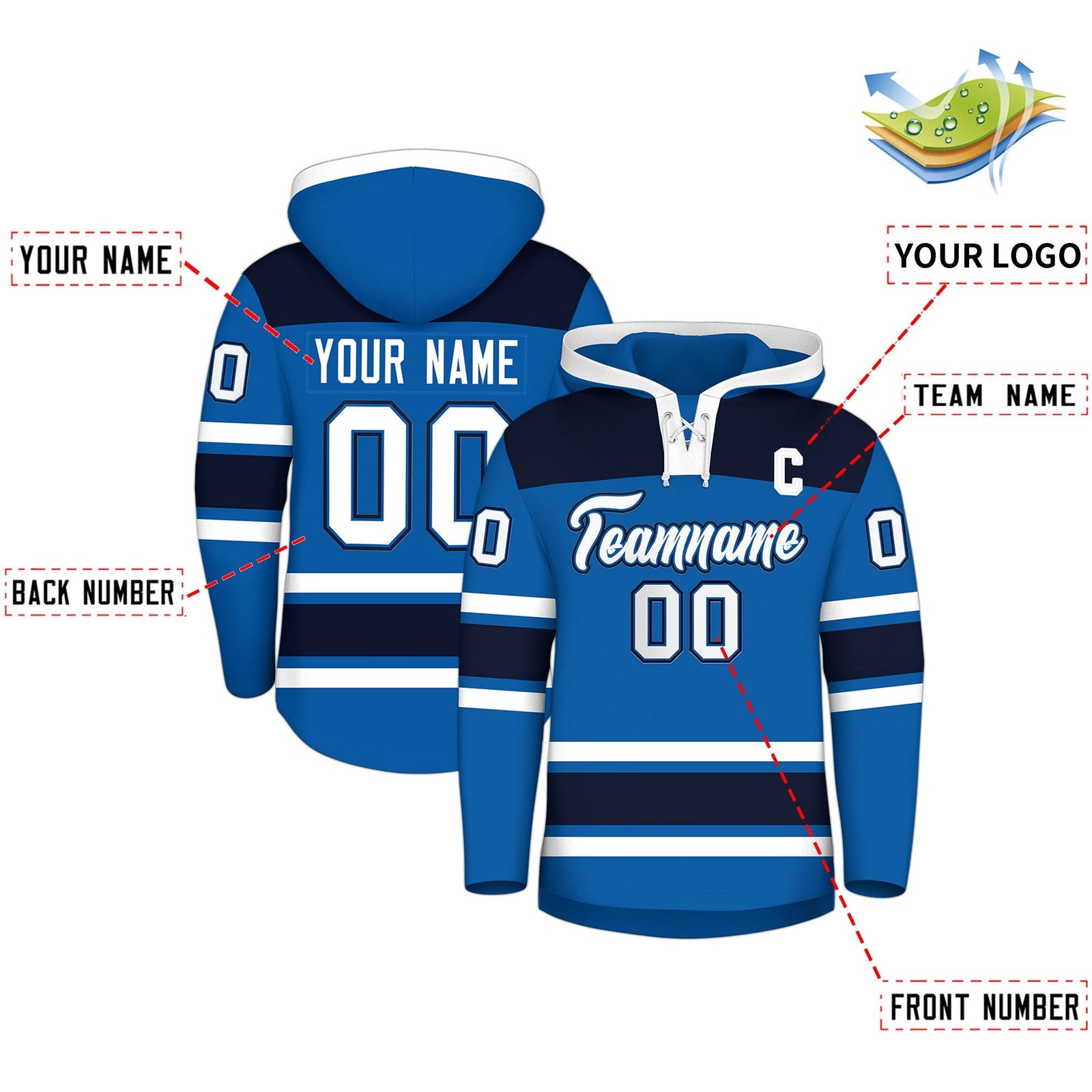 Custom Hockey Hoodie Jersey Royal Navy Raglan Sleeves Lace-Up Neck Personal Name & Number & Logo
