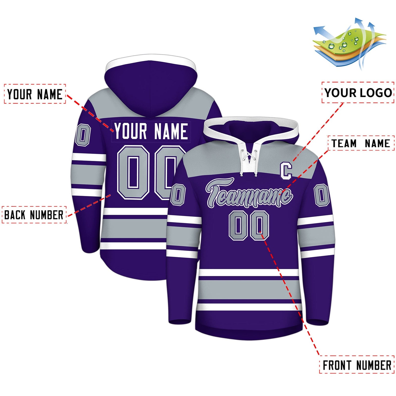 Custom Hockey Hoodie Jersey Purple Silver Raglan Sleeves Lace-Up Neck Personal Name & Number & Logo