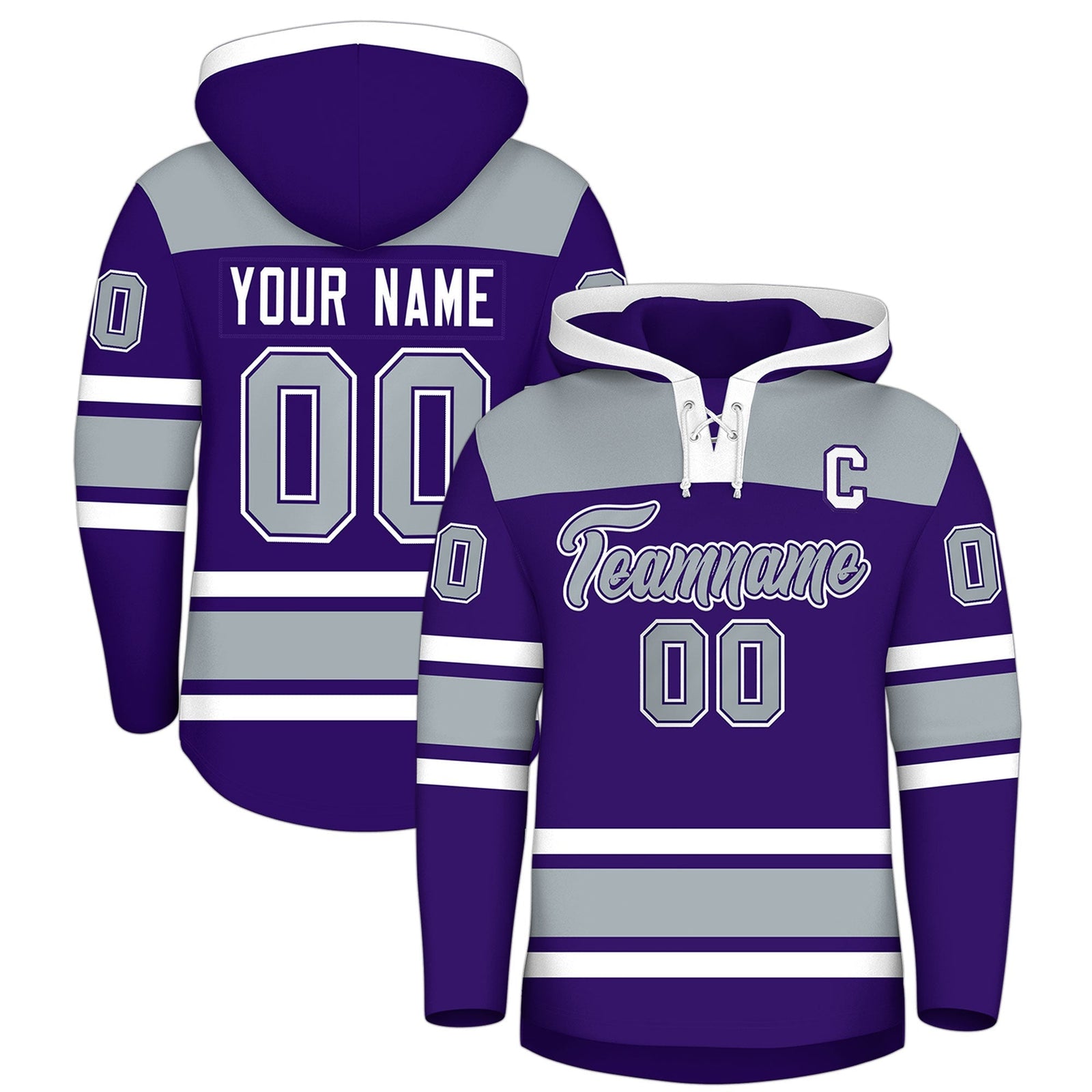 Custom Hockey Hoodie Jersey Purple Silver Raglan Sleeves Lace-Up Neck Personal Name & Number & Logo