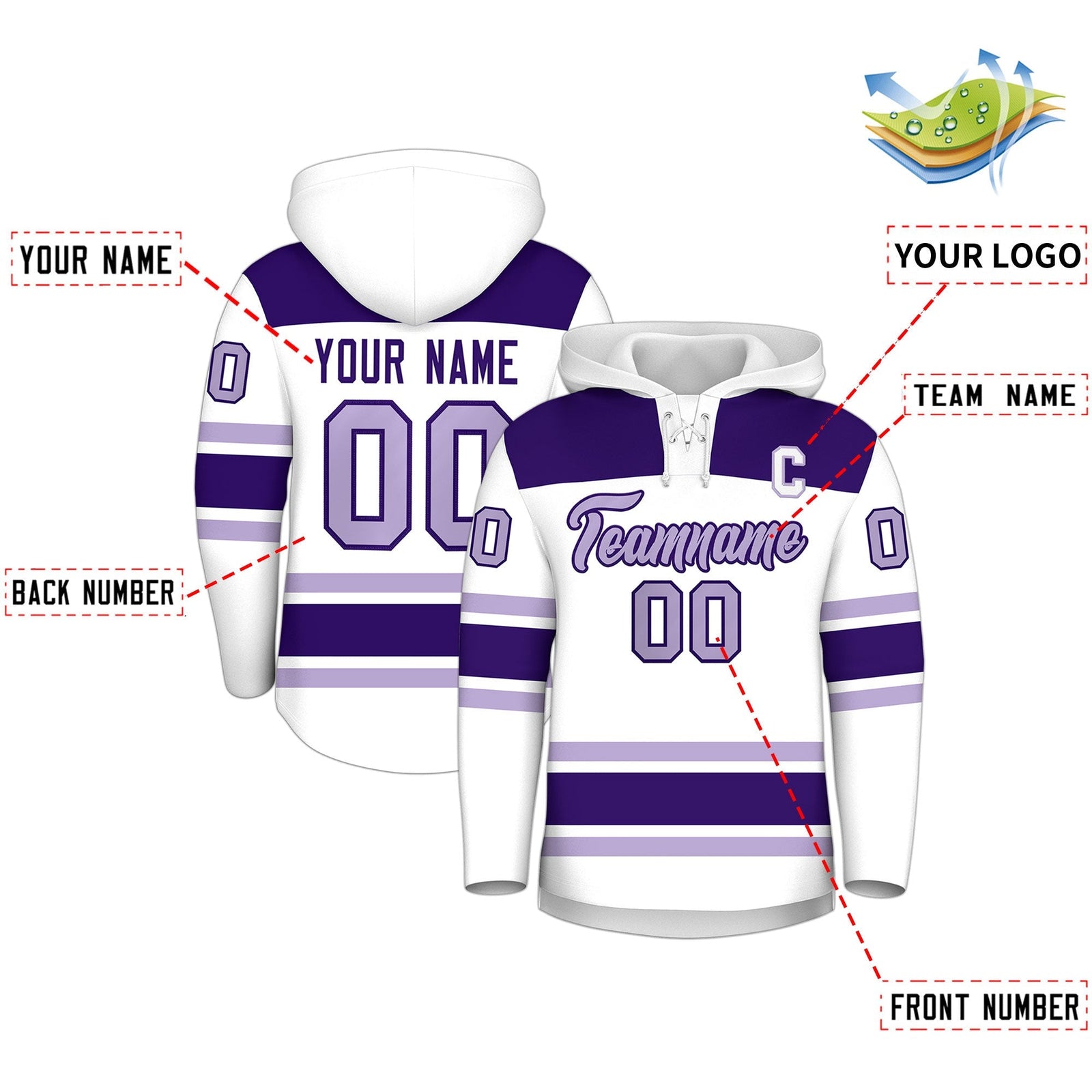 Custom Hockey Hoodie Jersey White Purple Raglan Sleeves Lace-Up Neck Personalized Jersey for Men & Youth