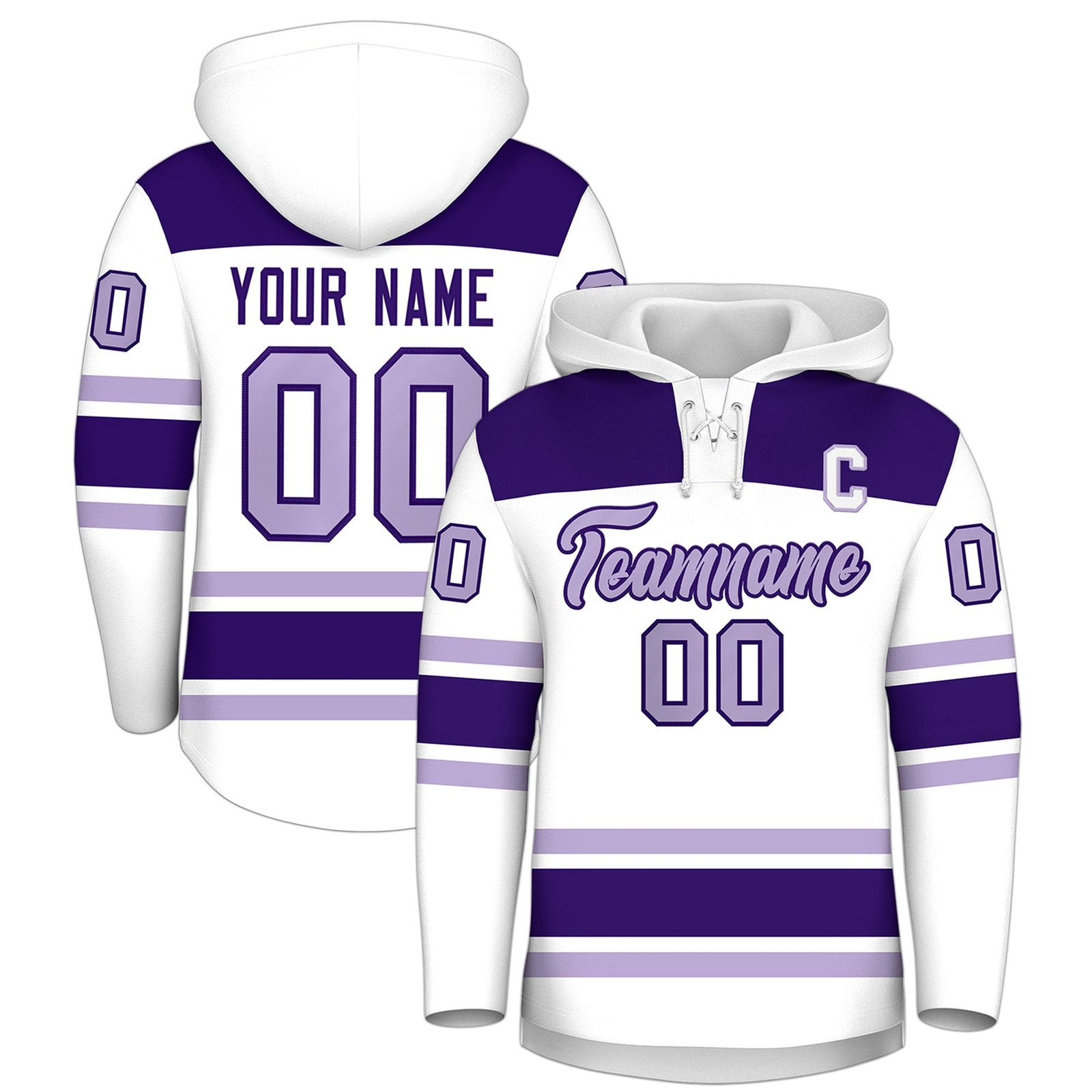 Custom Hockey Hoodie Jersey White Purple Raglan Sleeves Lace-Up Neck Personalized Jersey for Men & Youth
