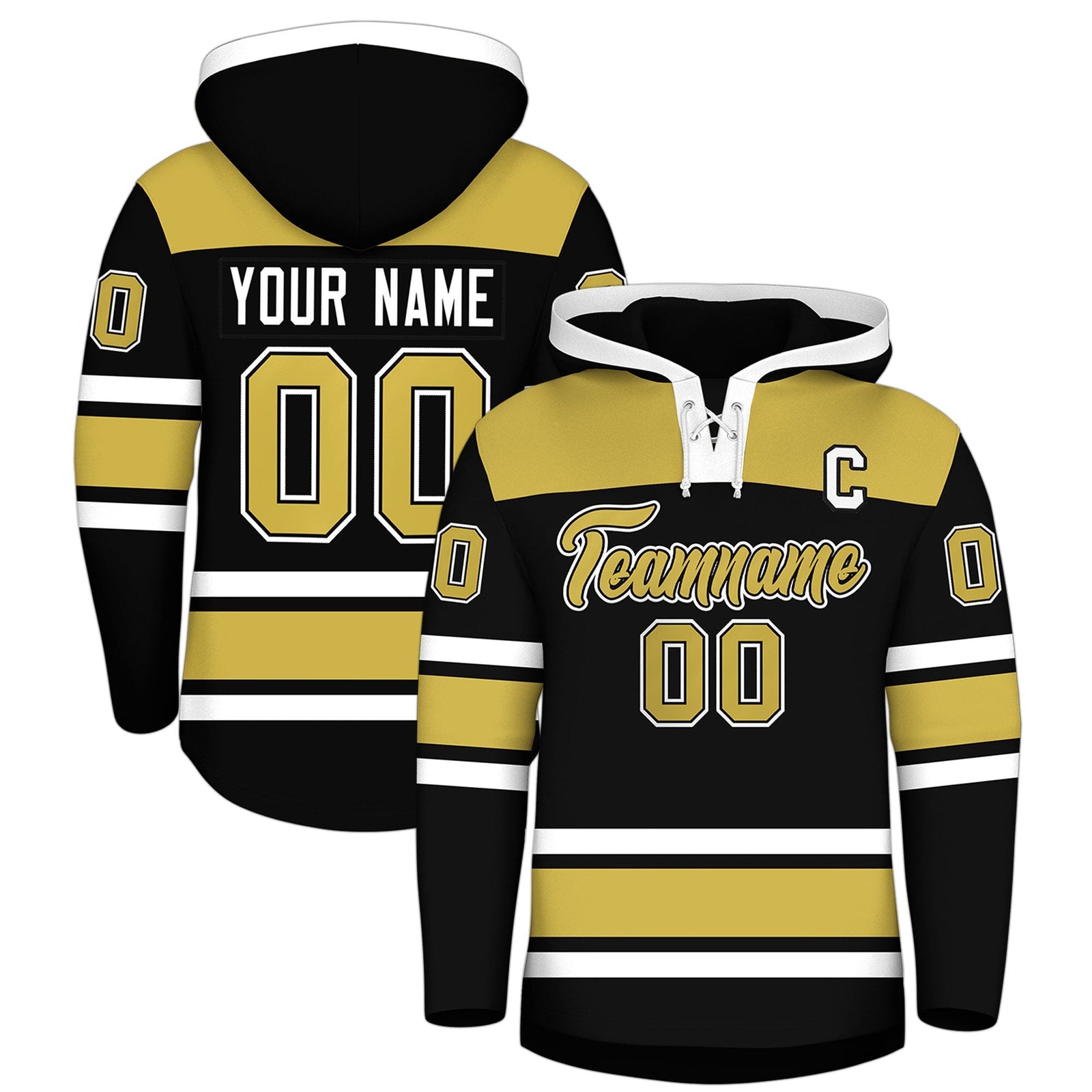 Custom Hockey Hoodie Jersey Black Old Gold Raglan Sleeves Lace-Up Neck Personal Name & Number & Logo