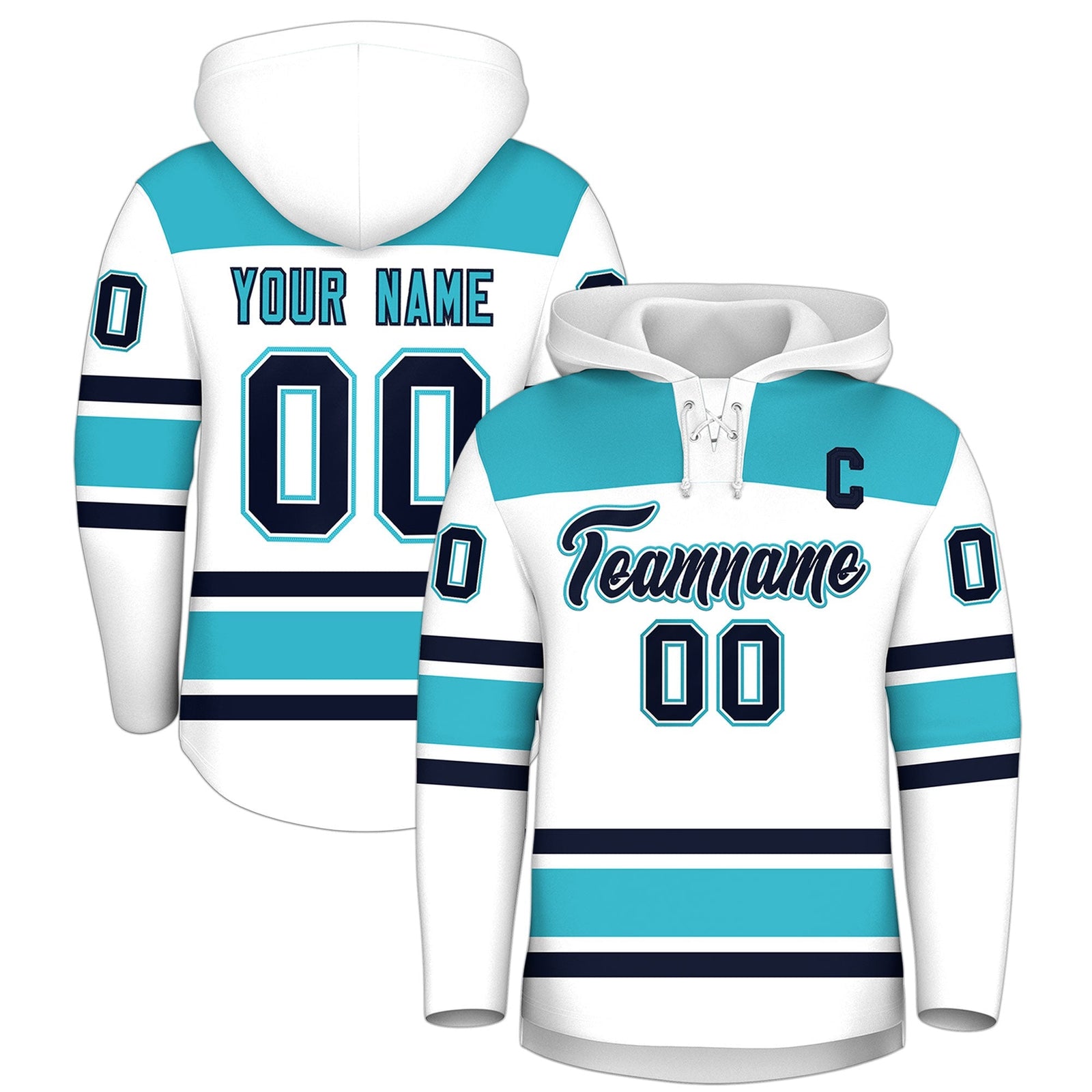 Custom Hockey Hoodie Jersey White Sky Blue Raglan Sleeves Lace-Up Neck Personalized Jersey for Men & Youth